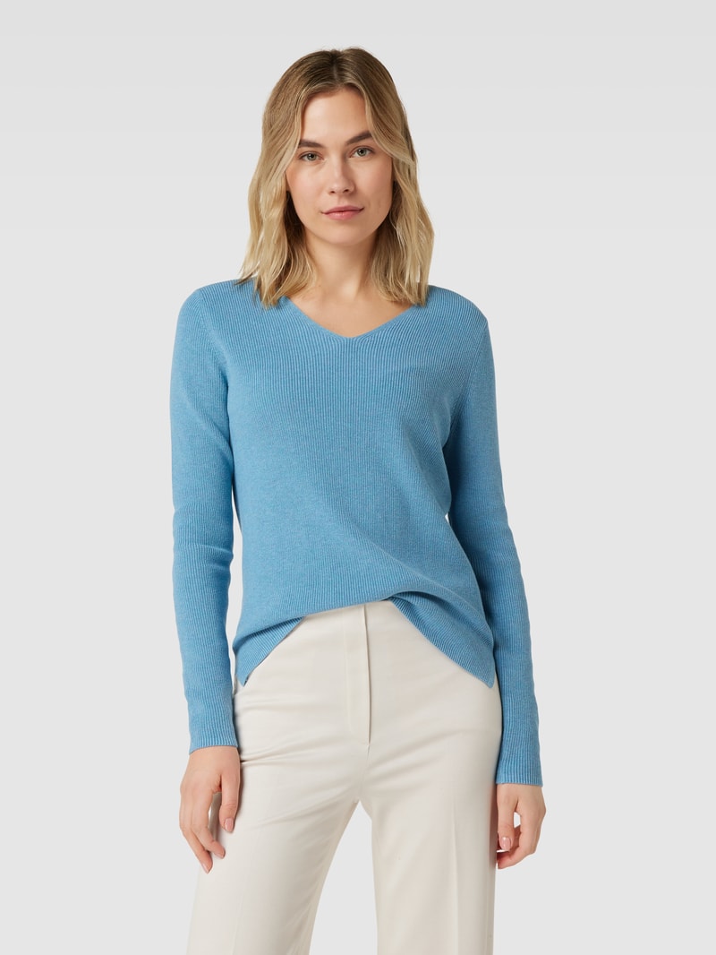Strickpullover mit abgerundetem V-Ausschnitt in blau meliert