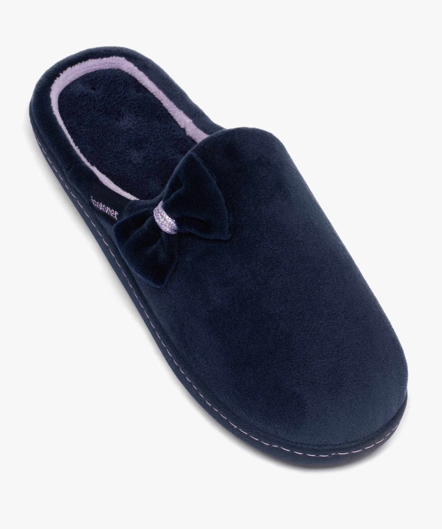 Chaussons femme pantoufles en velours uni avec noeud - Isotoner marine | GEMO