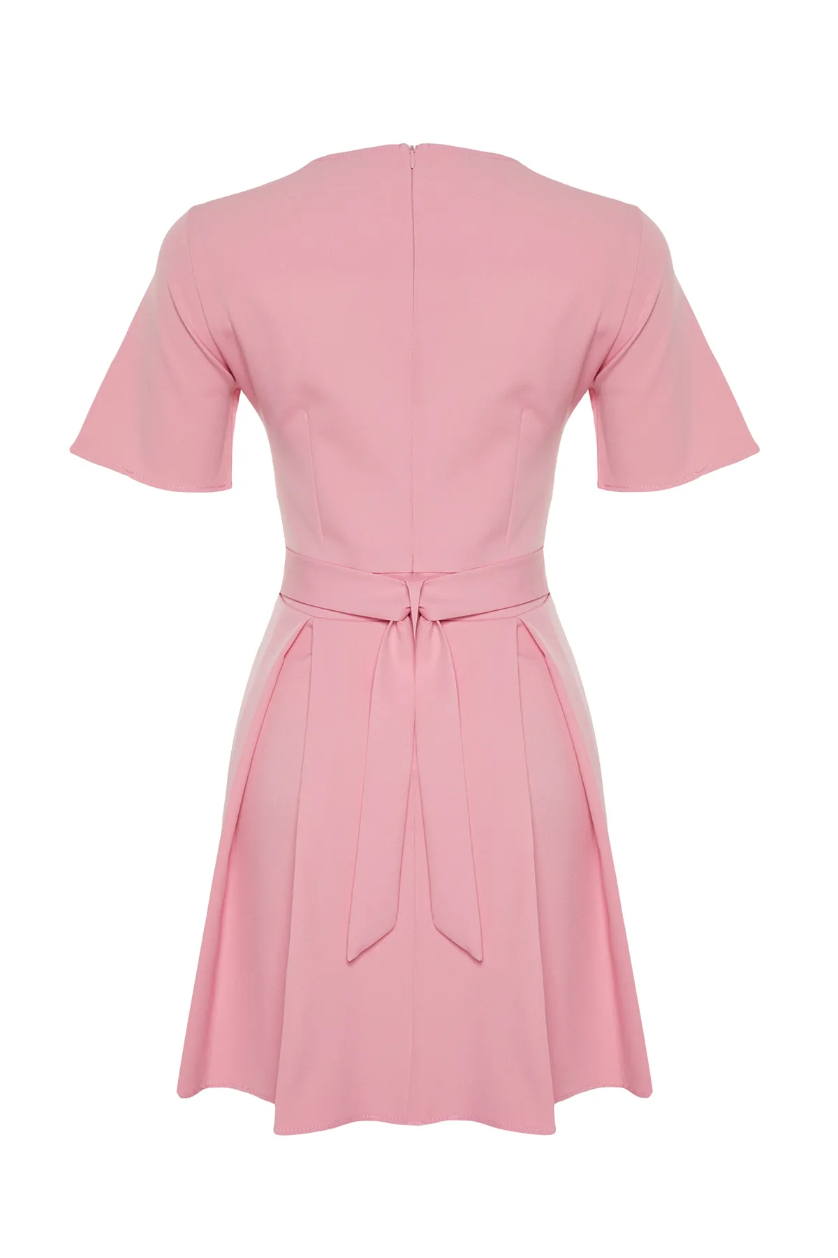 Trendyol Collection  Rosa gewebtes Mini-Kurzarmkleid mit Taillenöffnung und Gürtel TWOSS24EL00504