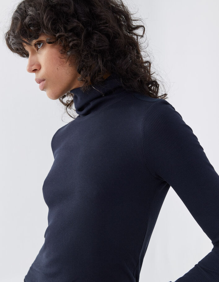 Tee-shirt col montant manches longues bleu marine femme