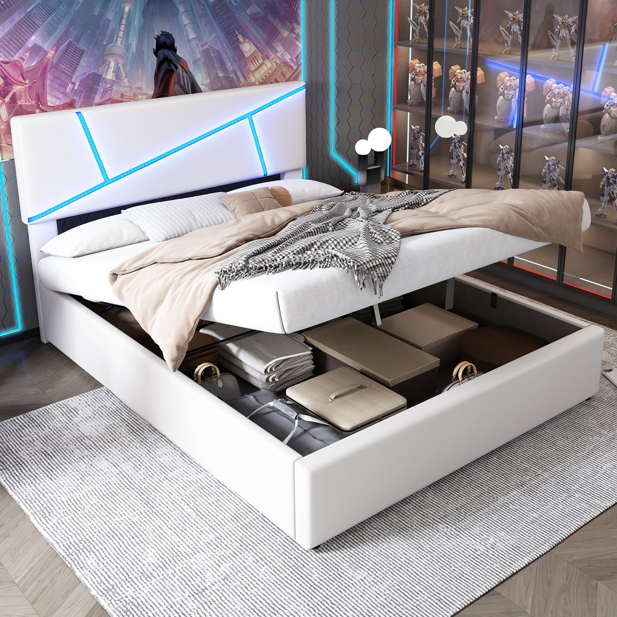 OKWISH Polsterbett Bequemes (mit LED-Lichtleisten,160*200 cm, Doppelbett mit Lattenrost, Rückenlehne, Hydraulisches Funktionsbett, Synthetisches Leder), Weiß