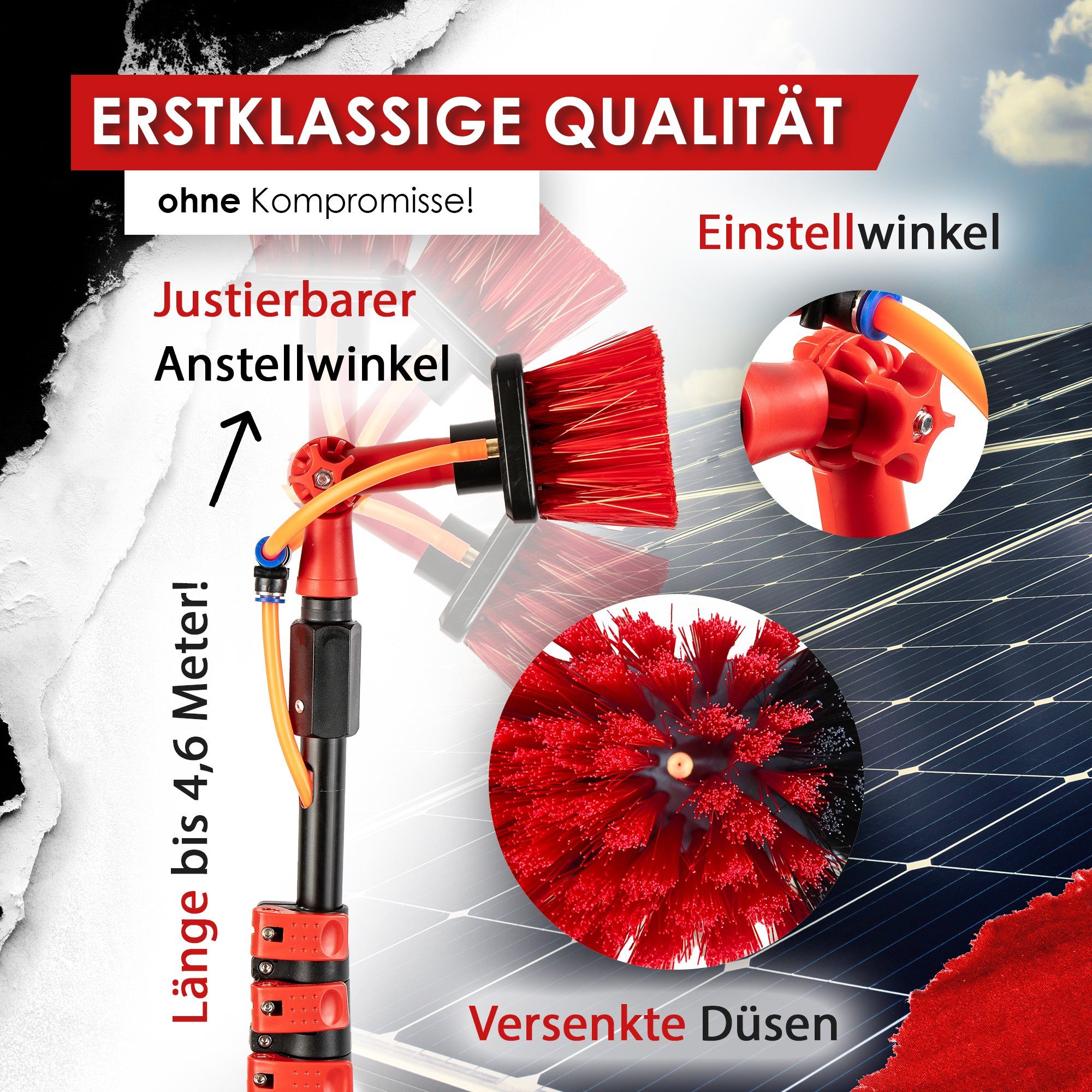 BoomDing Reinigungsbürste Teleskopstange mit Wasseranschluss 4,6 oder 7 Meter mit Bürste, Reinigung von, PV Anlage, Wintergarten, Terrasse, Solaranlage, Photovoltaik, (Solaranlage reinigen), Innenliegender Schlauch