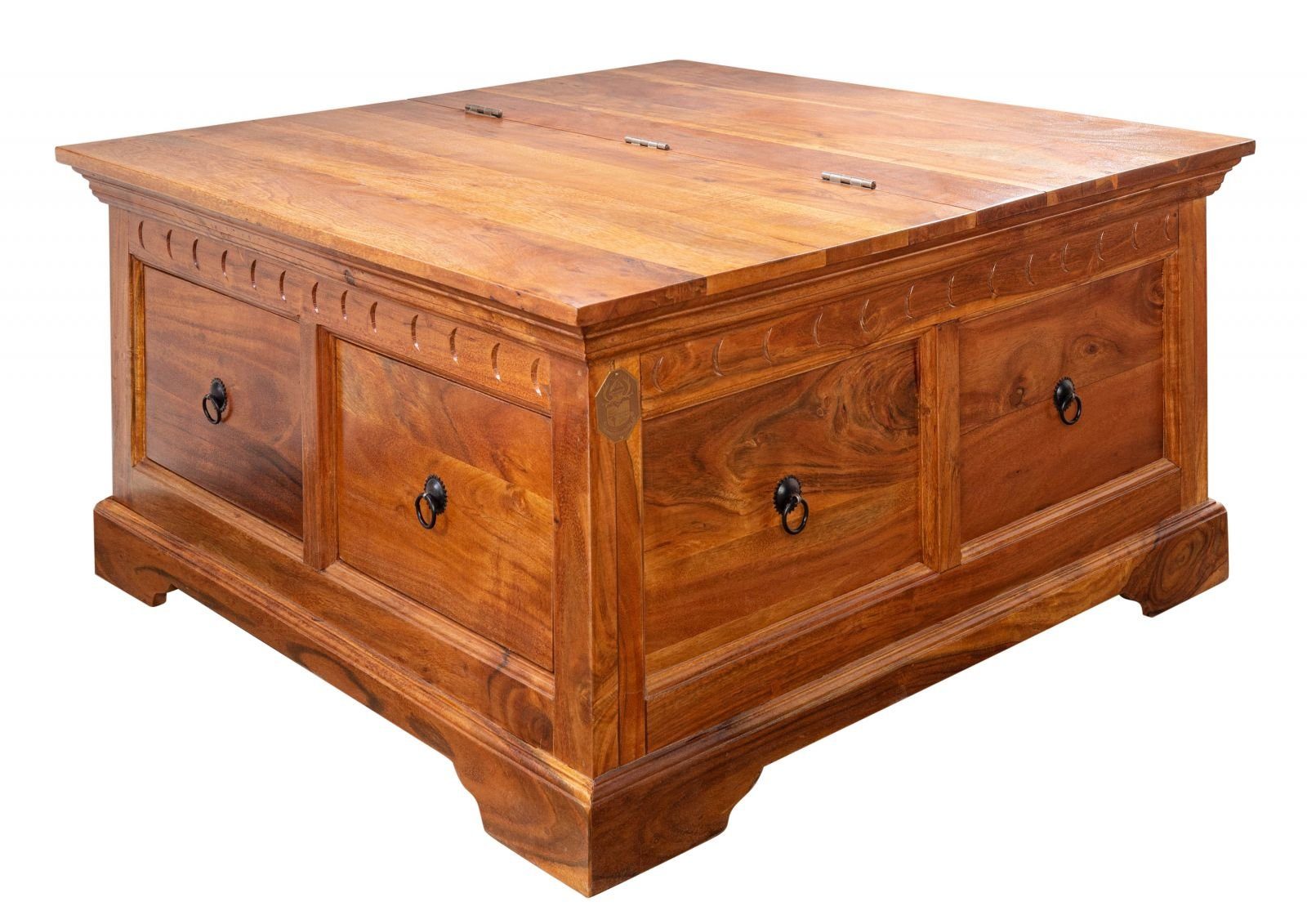Massivmoebel24 Truhe OXFORD (Holztruhe, Holzkiste mit Deckel, Aufbewahrungstruhe für Stauraum aus Massivholz), hochwertiges Edelholz;authentische Holzadern;aufwendige Schnitzereien und Verzierungen;detailreich und stilvoll