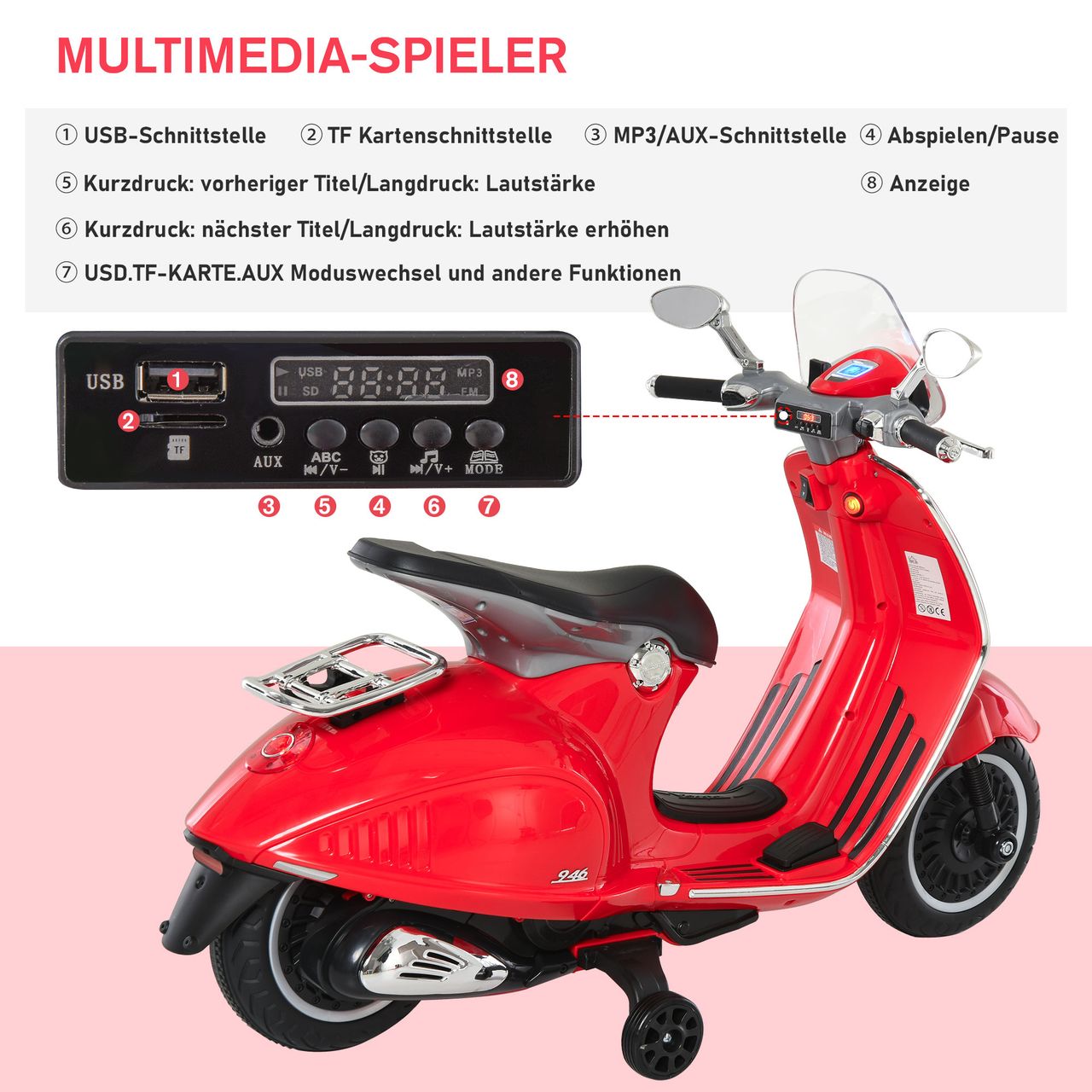 HOMCOM Elektrofahrzeug, Kinderfahrzeug, Kindermotorrad, Elektro-Motorrad mit MP3-Musik Beleuchtung, 3-6 Jahre, PP, Rot, 108 x 49 x 75 cm