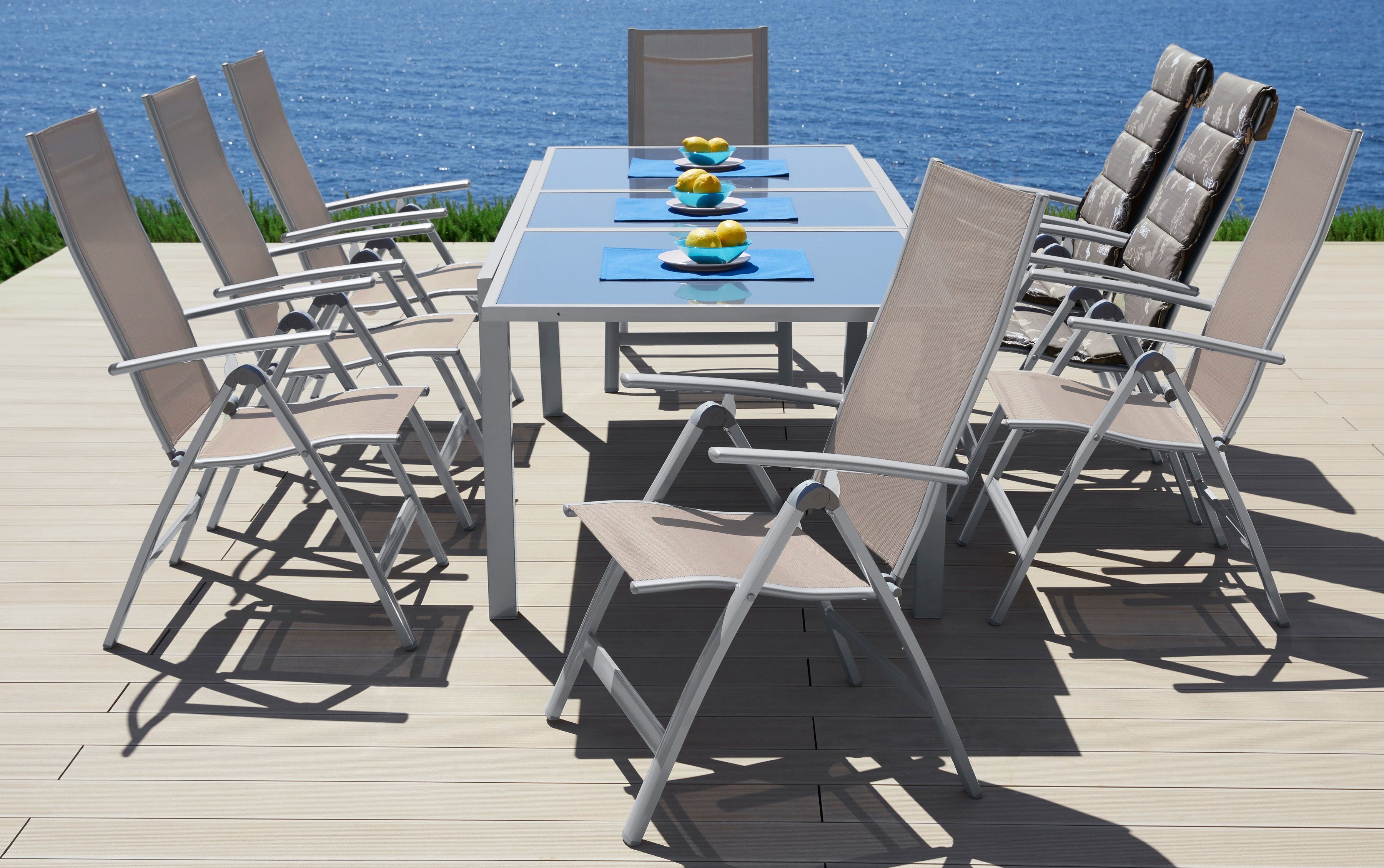 MERXX Garten-Essgruppe Amalfi, (9-tlg), 8 Hochlehner, Tisch ausziehbar 100x180-240 cm, Alu/Textil