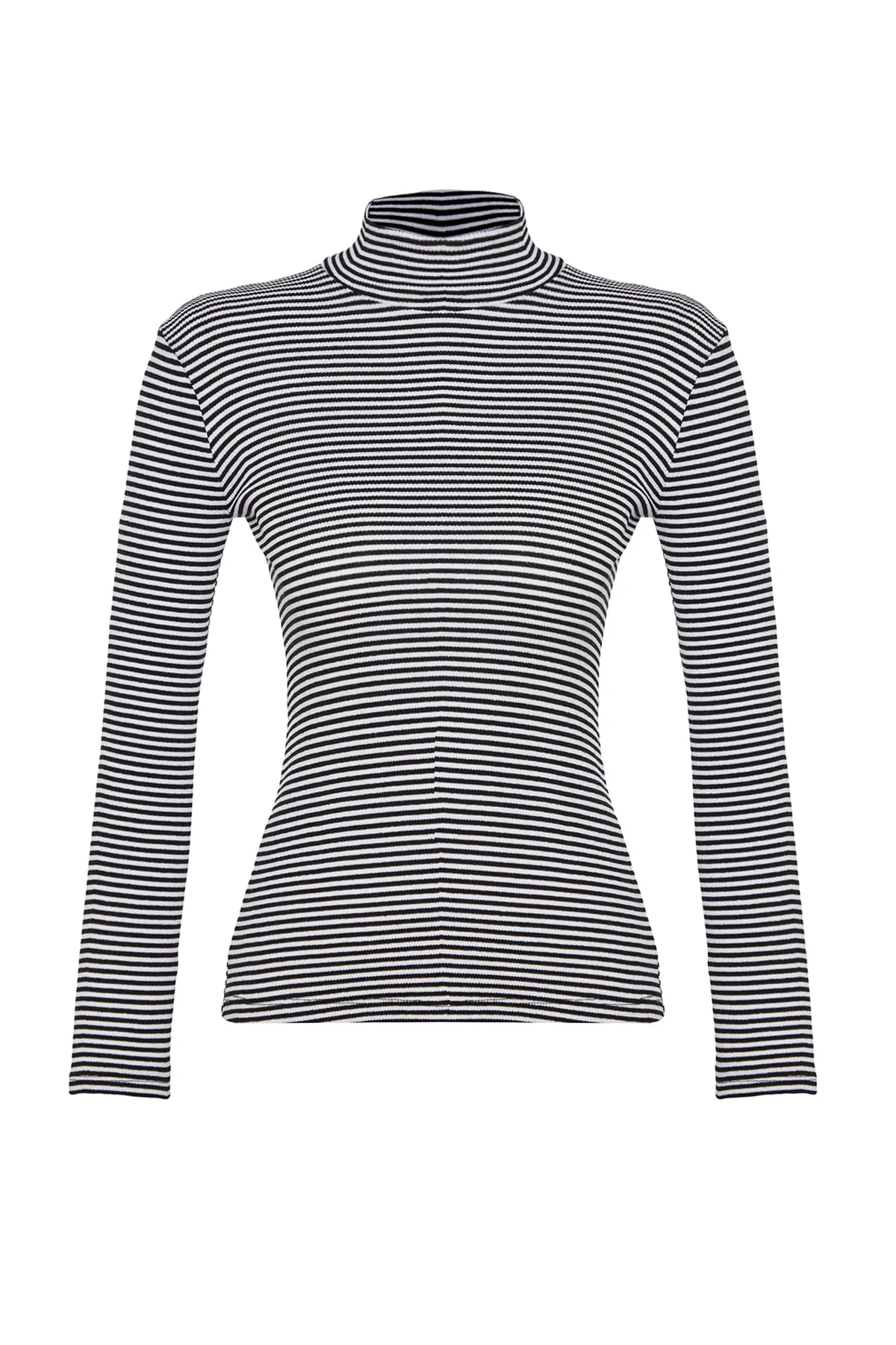 Trendyol Collection  Ecru-schwarz gestreifte, taillierte, langärmlige, gerippte, dehnbare Strickbluse mit hohem Kragen TWOAW21BZ0423