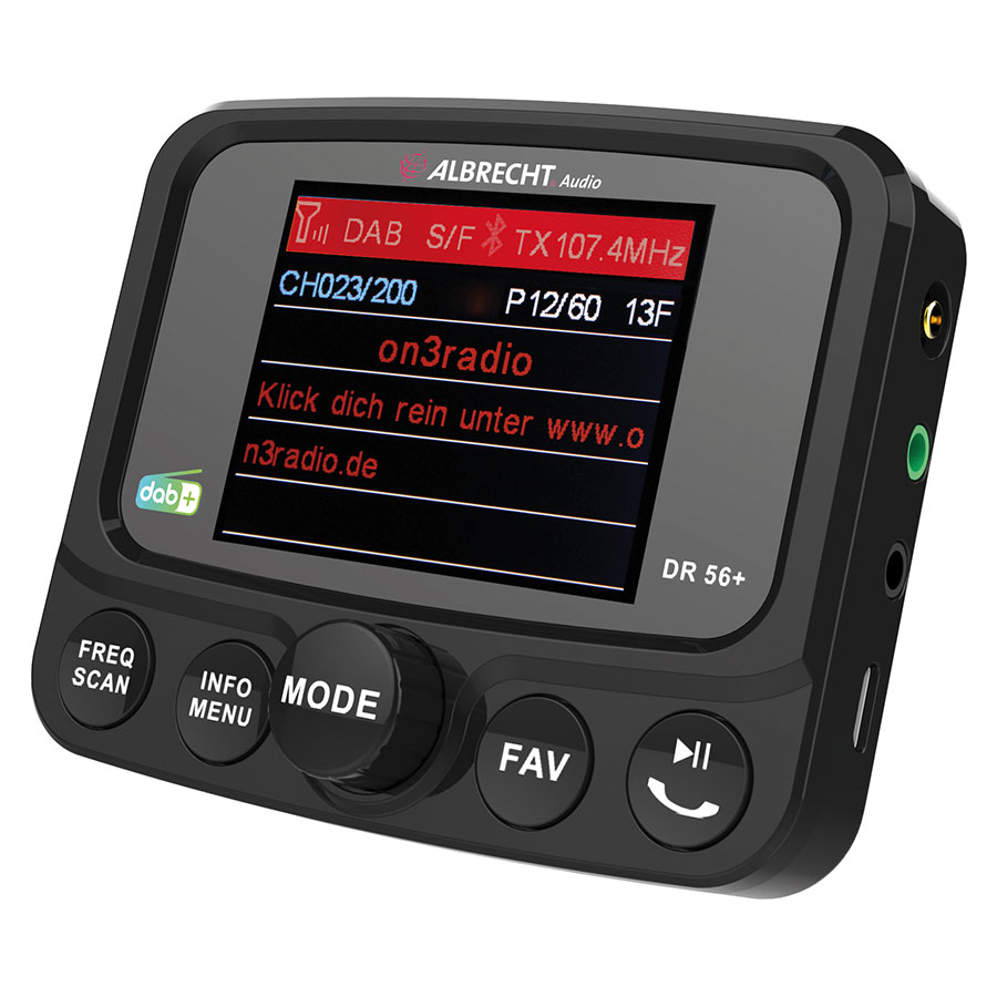 Albrecht DR 56+ Digitalradio Adapter mit DAB/DAB+, Bluetooth Musikwiedergabe/Freisprechfunktion, SD-Player, AUX-In/Out, USB-Ladefunktion, 2,4 Zoll TFT Farbdisplay und Saugnapfhalterung - ATU