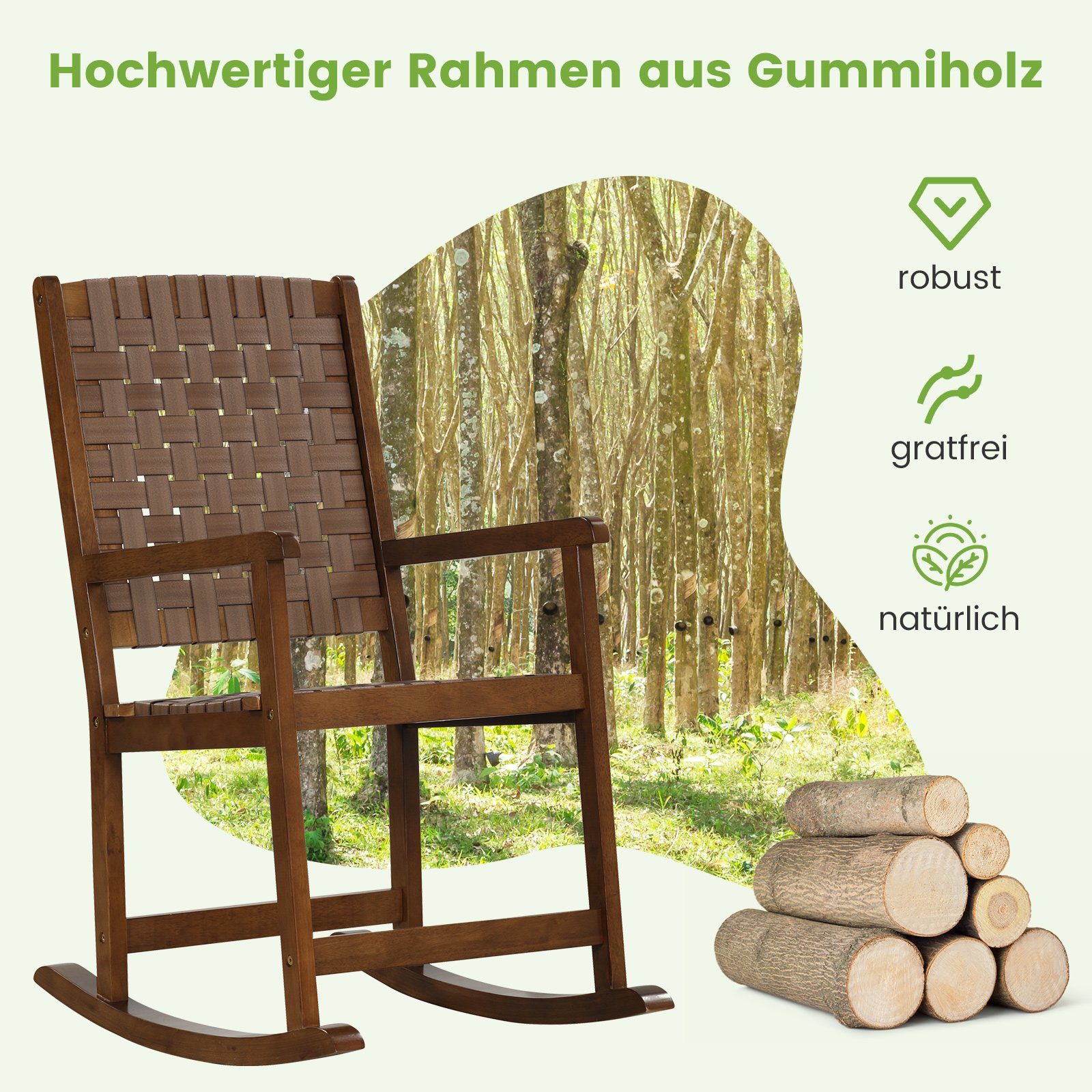 COSTWAY Schaukelstuhl, Garten, mit Armlehne, Wippfunktion, Holz, 100kg