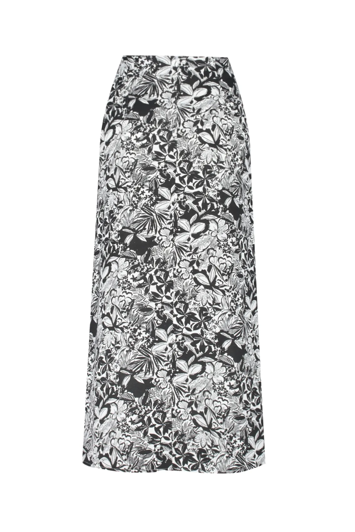 Trendyol Collection  Schwarzer, gemusterter Rock mit Schlitz vorne und detailliertem, gewebtem Leinen-Look in Midi-Länge TWOSS24ET00104