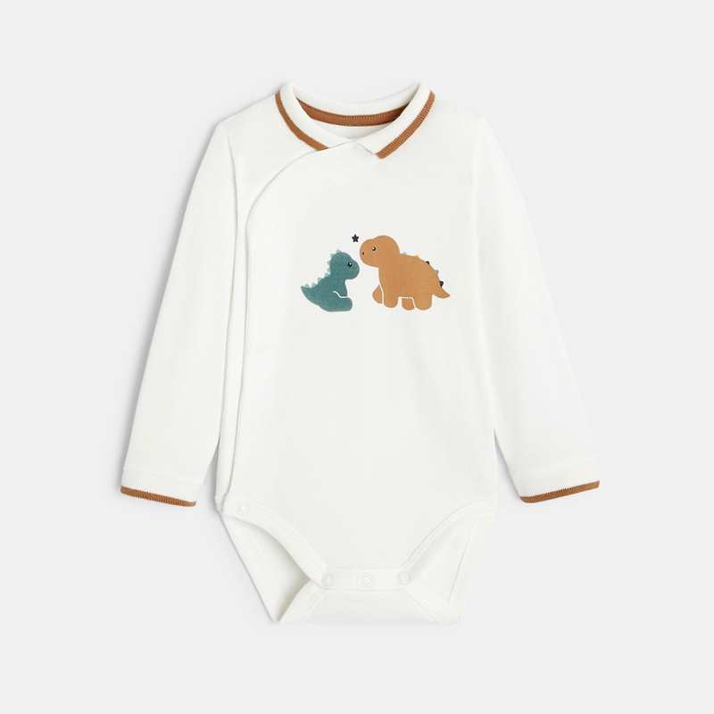 Body dinosaures col polo et pantalon souple rayé blanc naissance