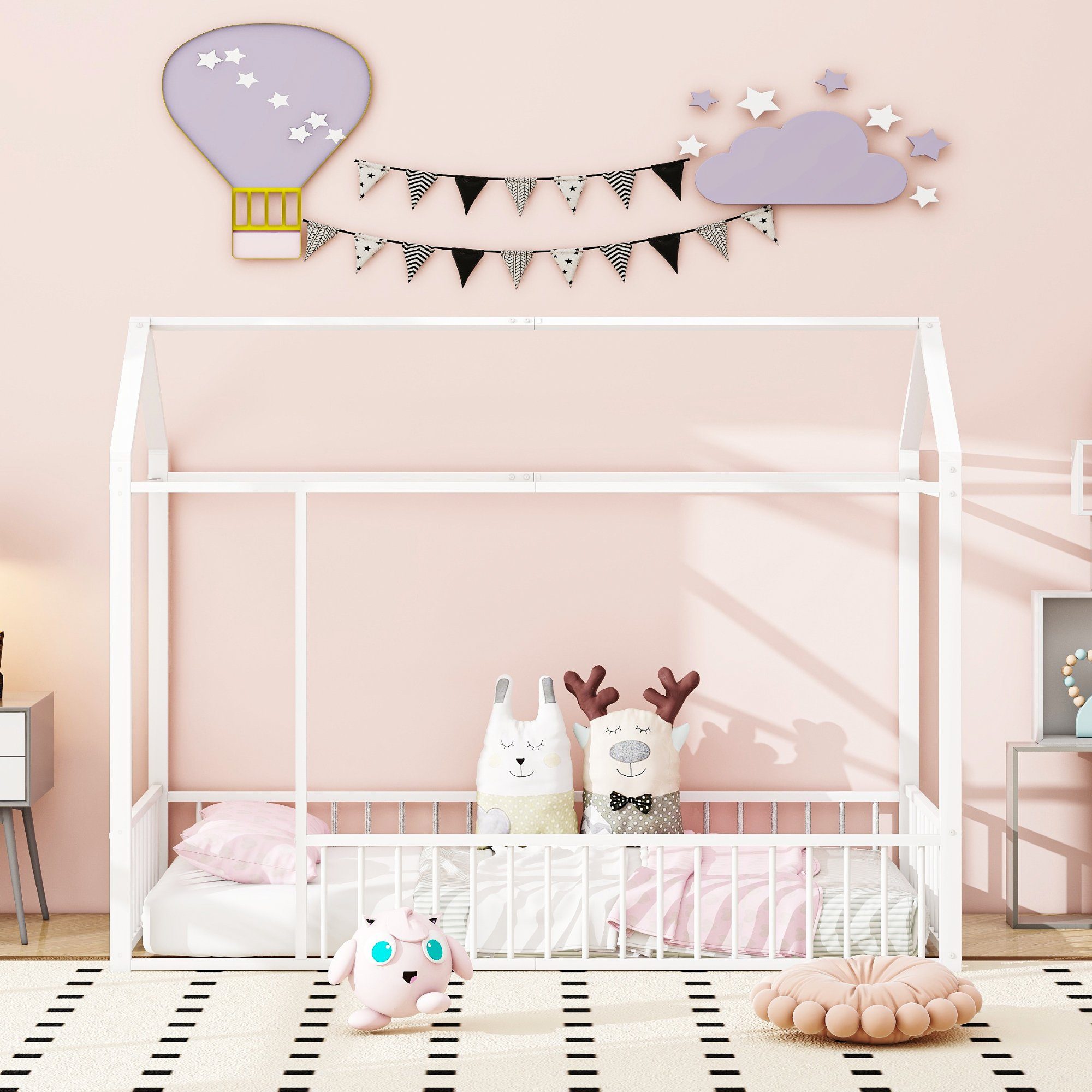 Flieks Metallbett, Kinderbett Hausbett Einzelbett 90X200cm mit Dach ohne Lattenrost