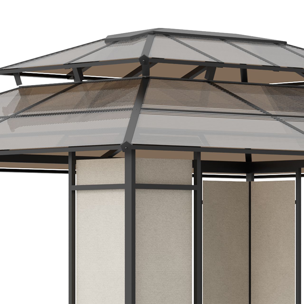 Outsunny Gartenpavillon Pavillon mit Sonnendach aus Polycarbonatplatten UV-Schutz wasserabweisend Robust Braun Hellgrau 3,65 x 3 x 2,75 m