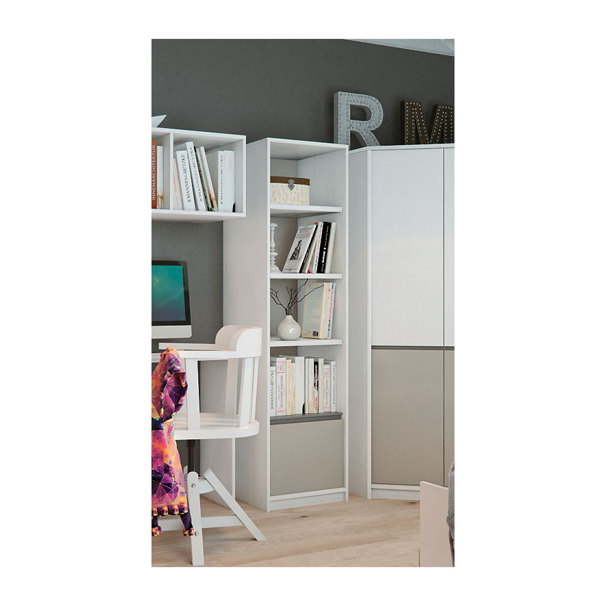 Bücherregal Mati Standregal 49cm grifflos mit 3 Einlegeböden und 1 Schublade