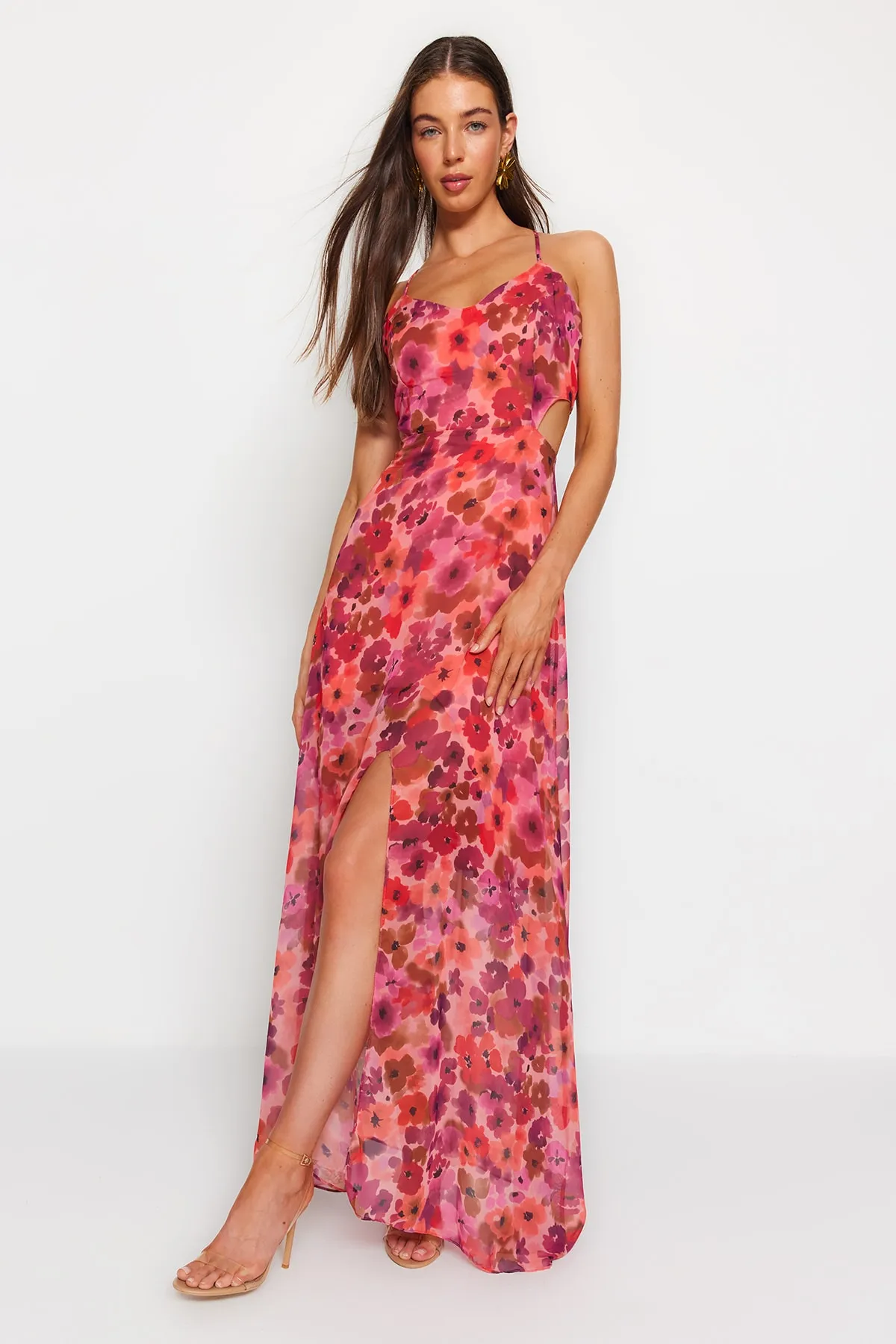 Trendyol Collection  Fuchsiafarbenes A-Linien-Maxi-Webkleid mit gefüttertem Fenster/Ausschnitt und detailliertem Blumendruck TWOSS20EL1270
