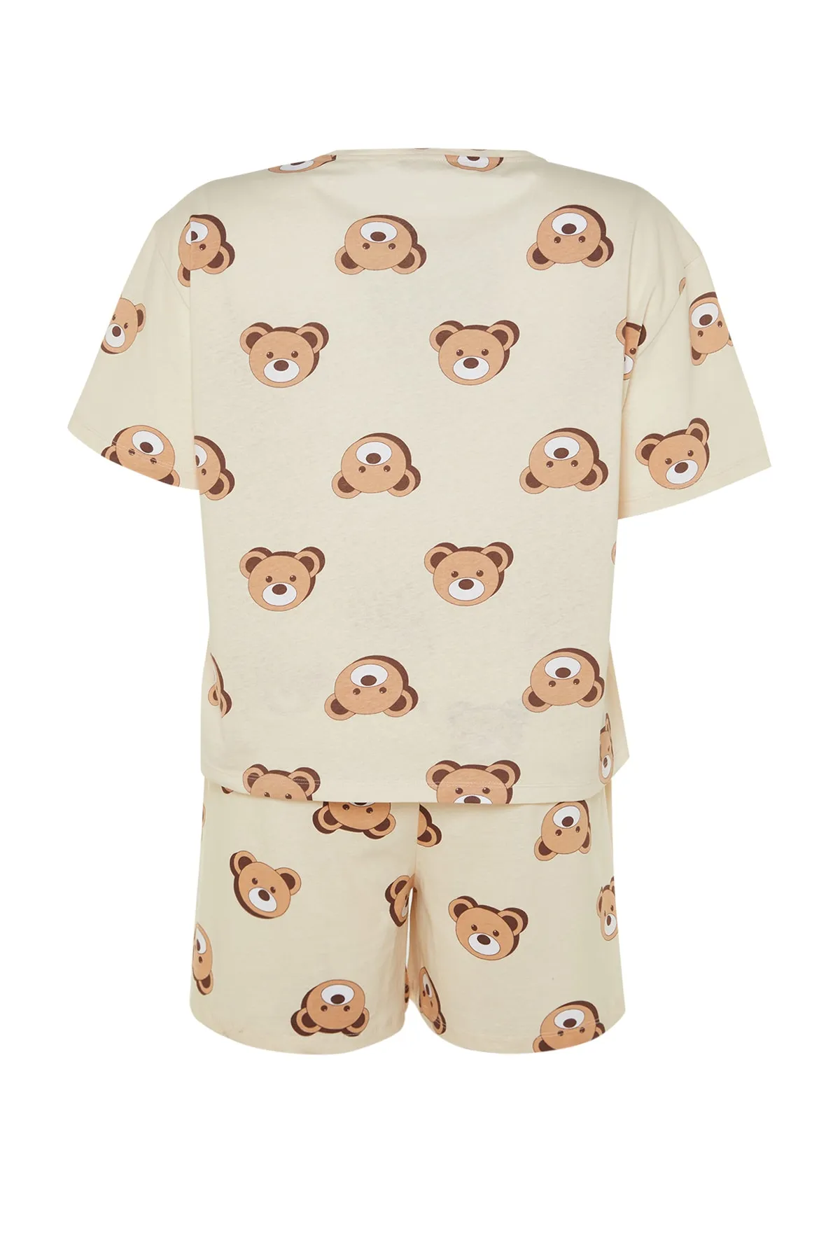 Trendyol Curve  Ecrufarbenes Pyjama-Set aus Baumwollstrick mit Teddybär-Aufdruck TBBSS23AI00022
