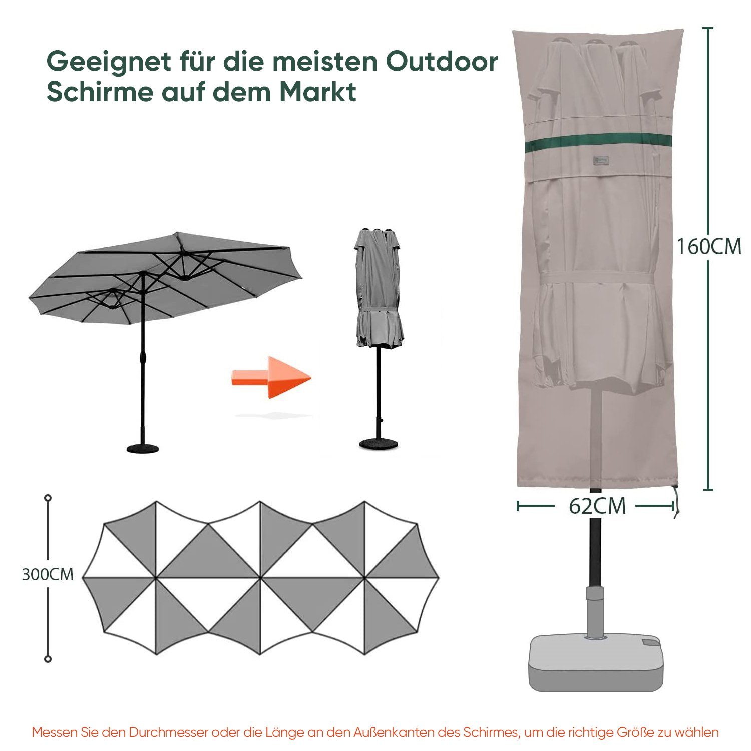 Sekey Sonnenschirm-Schutzhülle Doppelsonnenschirm Abdeckhauben mit Stab und Reißverschluss, Winterfest, Wasserabweisend, Wetterfest, Robust, Reißfest