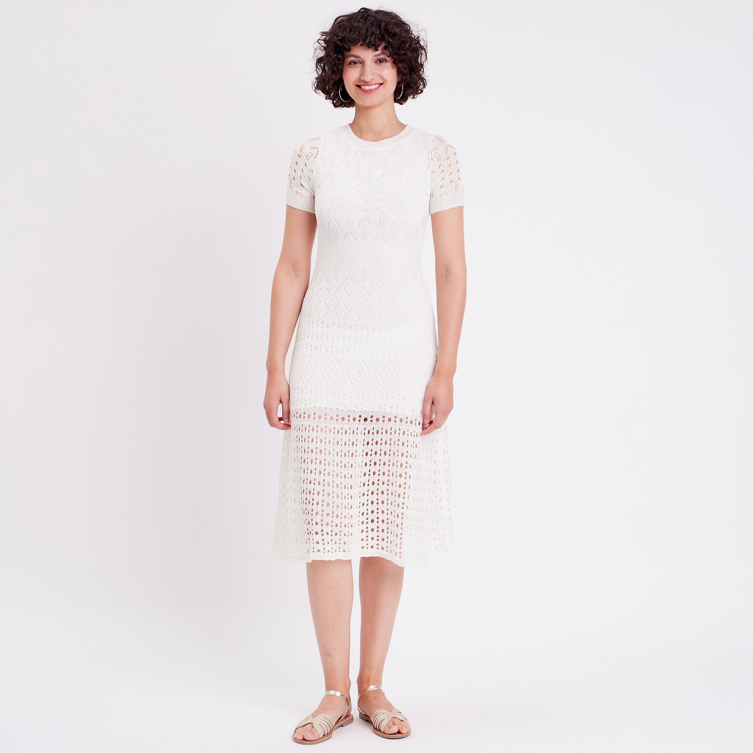 Robe midi évasée ajourée ecru femme | Cache Cache