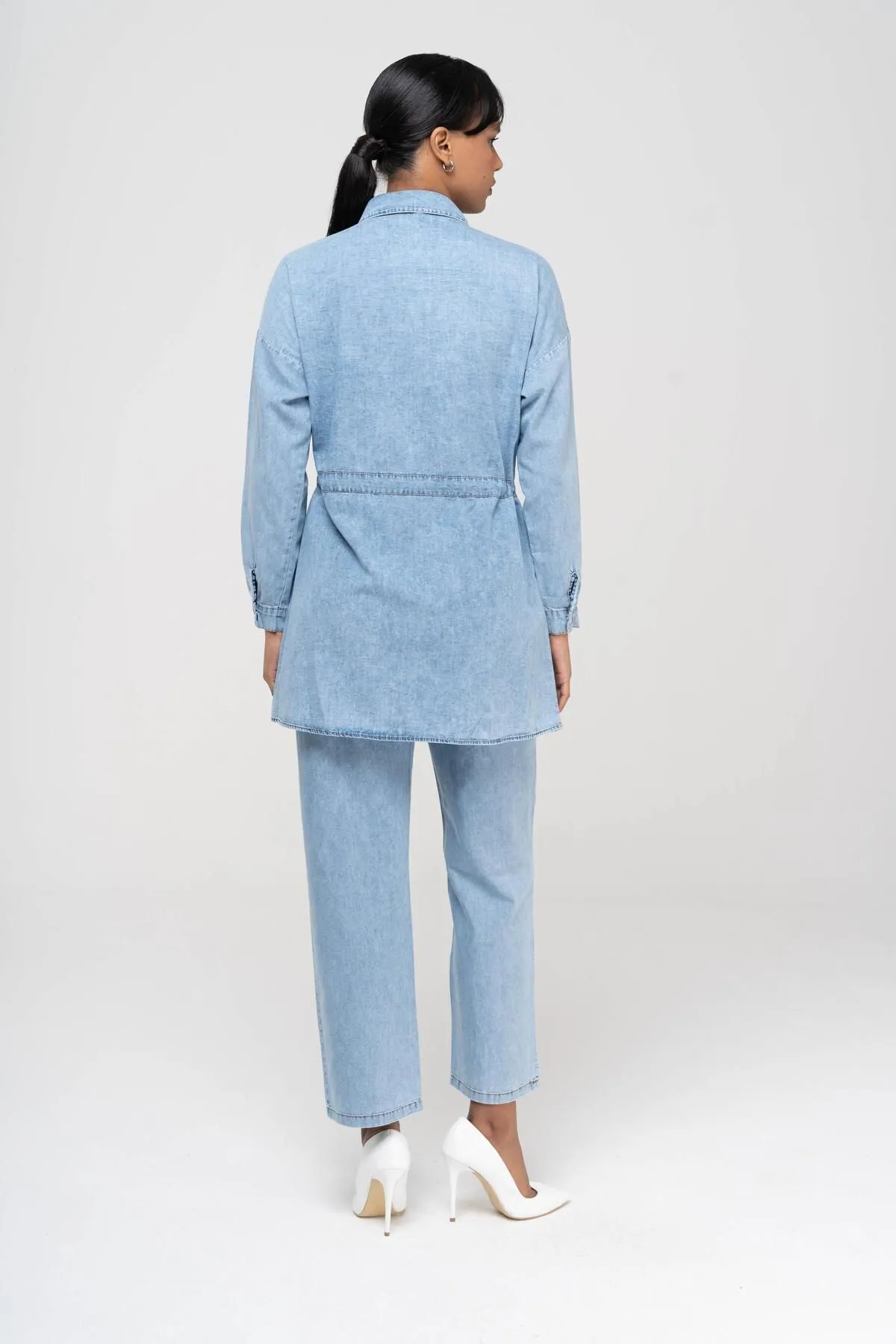 Olcay  Tuniği Kordelzug Taille Hose Dünne Denim Set mit Elastische Taille BLAU 9226-TK
