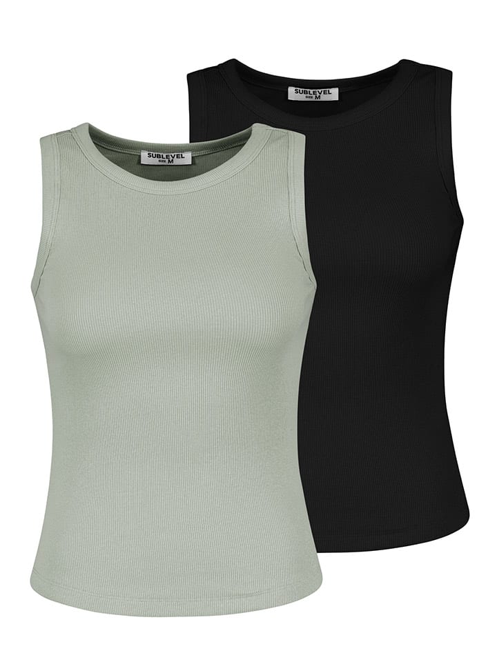 Sublevel 2er-Set: Tops in Salbei/ Schwarz günstig kaufen