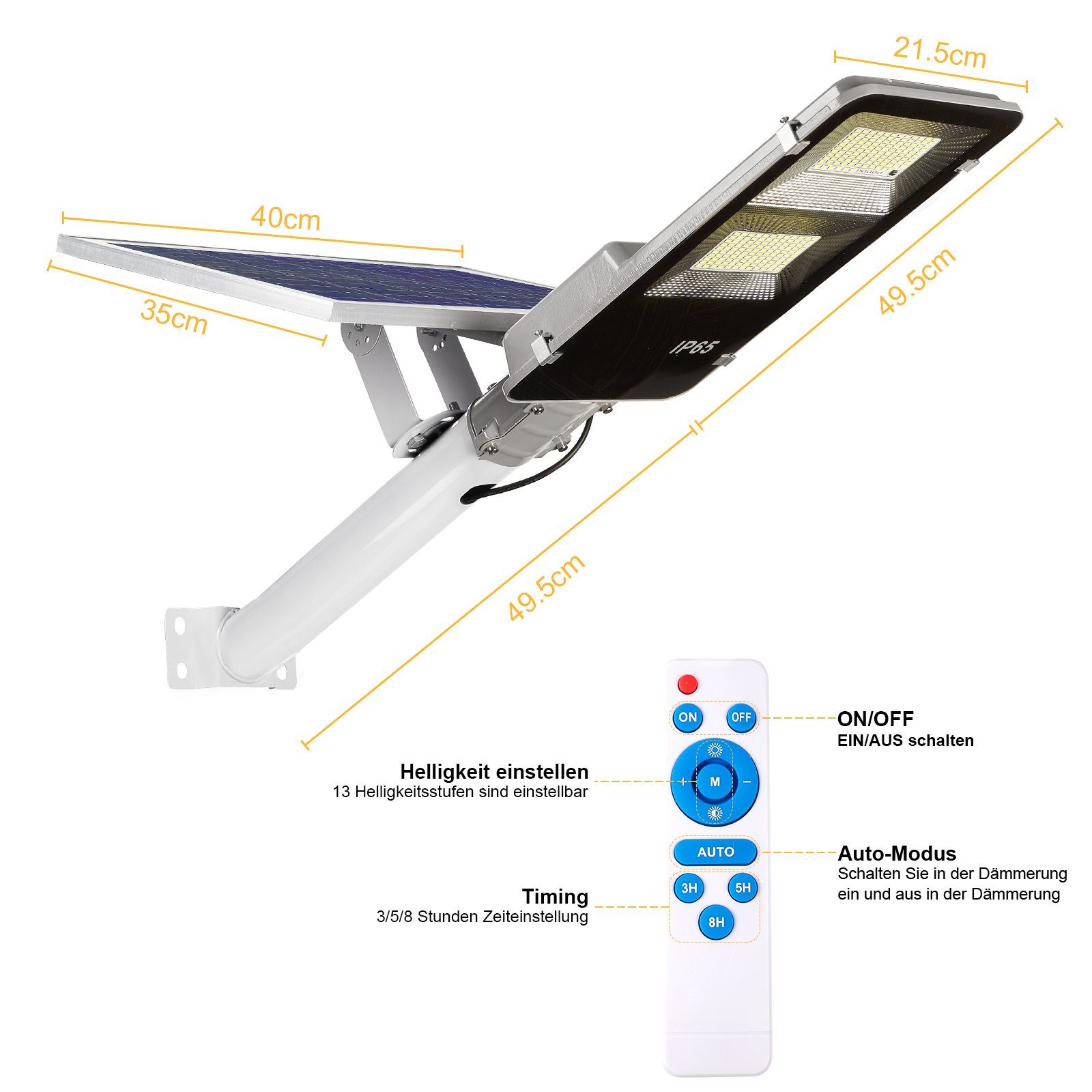 Rosnek LED Außen-Wandleuchte Solar, 6500K, wasserdicht, für Garagen Einfahrt Hof Parkplatz, Weiß (6500K), Fernbedienung, Montagearm