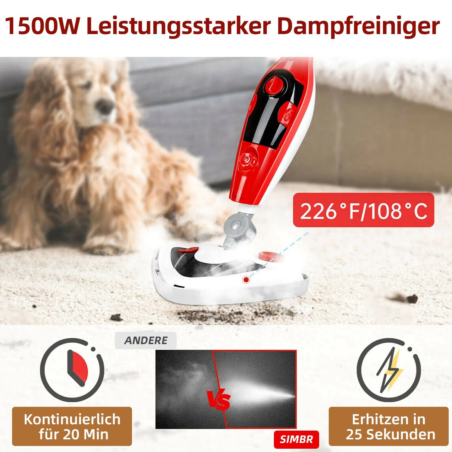 *Aiibot Dampfreiniger Dampfwischer, Dampfbesen, 1500,00 W, inkl. 2x Mikrofaser-Tuch, Mit 12 Zubehörteilen und 350-ml-Wassertank, 25-Sekunden-Schnellaufheizung