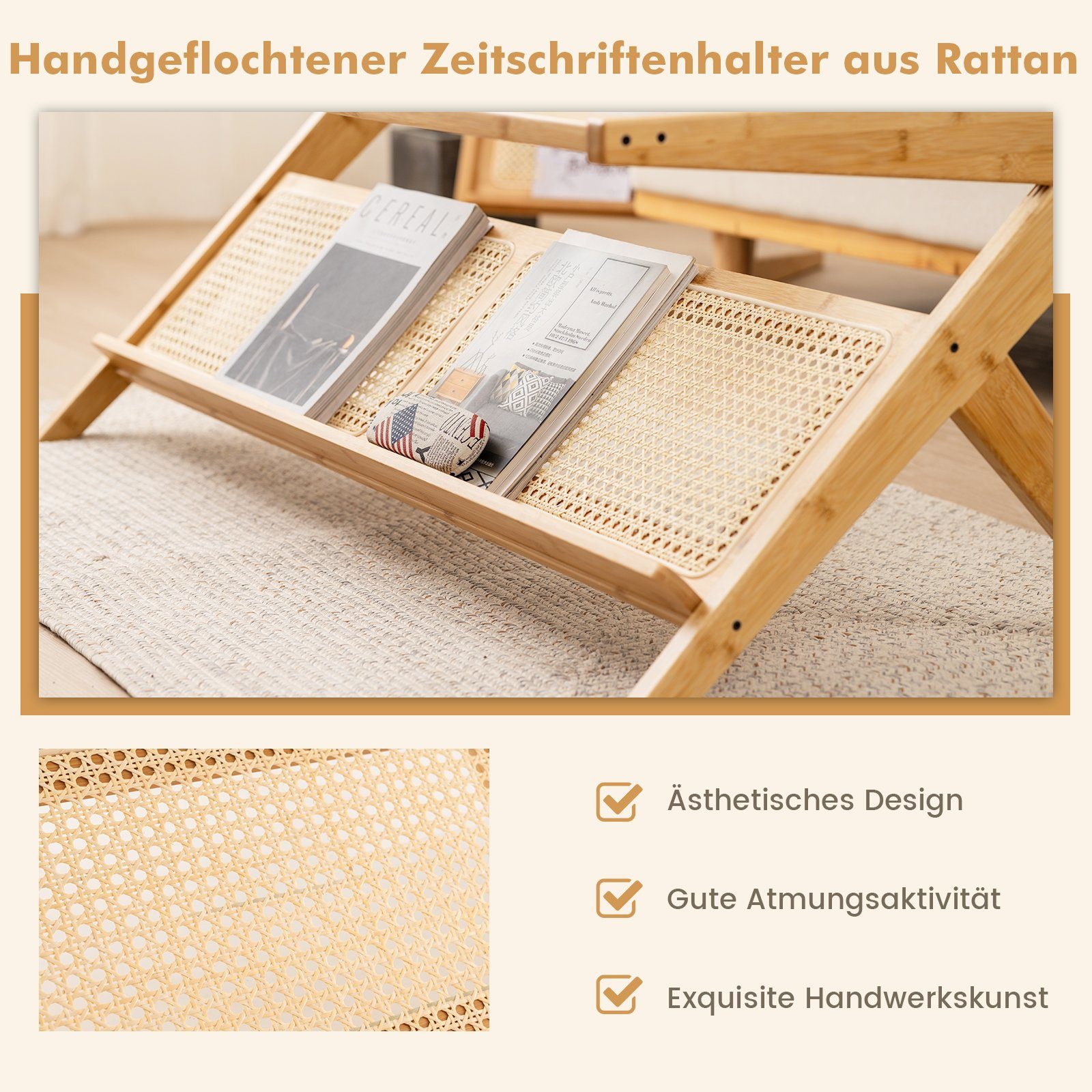 COSTWAY Couchtisch, mit Glastischplatte&Rattan-Ablagefach, Bambus, rechteckig