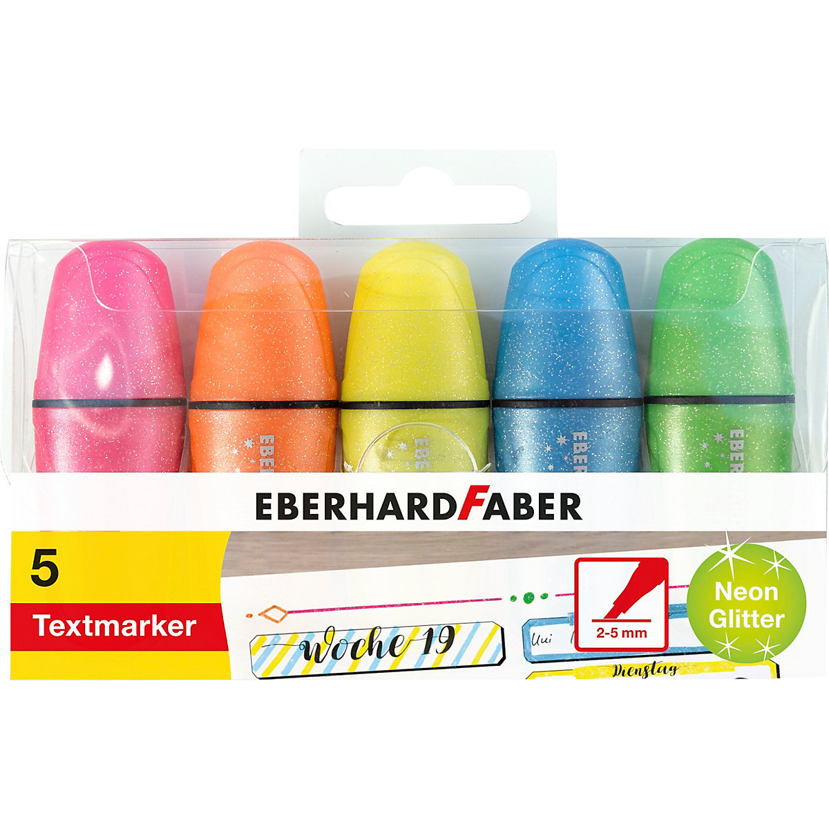 Textmarker Neon Glitzer, 5 Farben