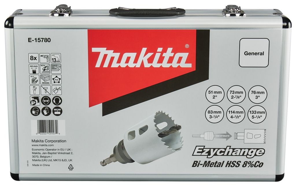 Conjunto de serras copo Makita E-15780 com 8 peças, tamanhos 51, 73, 76, 83, 114 e 133 mm, para madeira/metal, sistema Ezychange, em estojo.