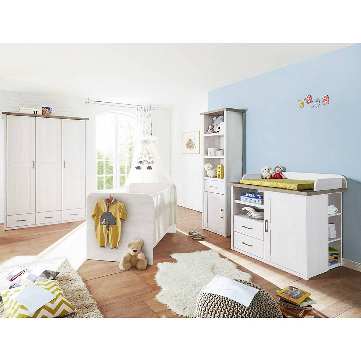 Babymöbel 4er-Set im Landhausstil LUND-78 in Pinie weiß Nb./Trüffel Eiche Nb.