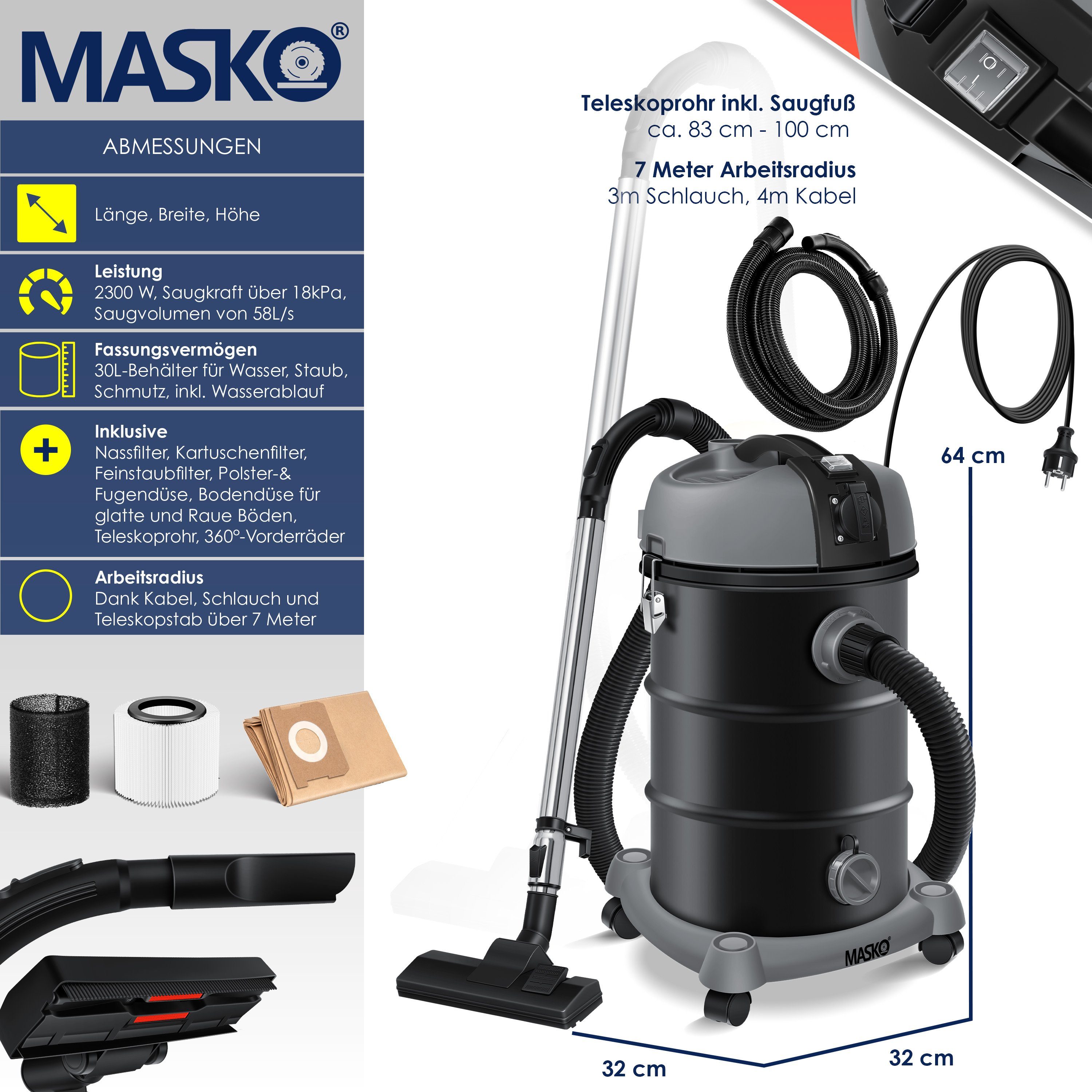 MASKO Industriesauger, 34 W, Industriestaubsauger Staubsauger Nass Trocken Sauger Edelstahl