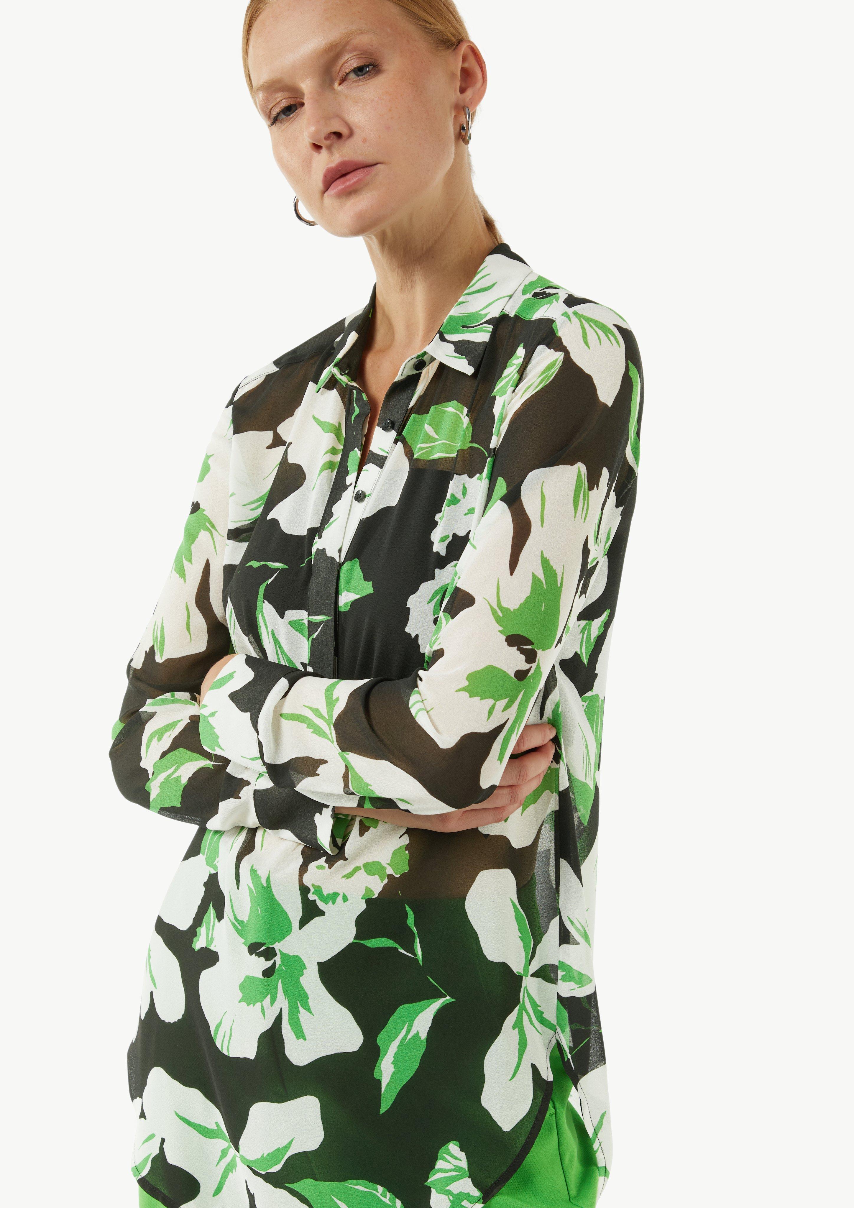 Gemusterte Longbluse aus Chiffon im Loose Fit - schwarz