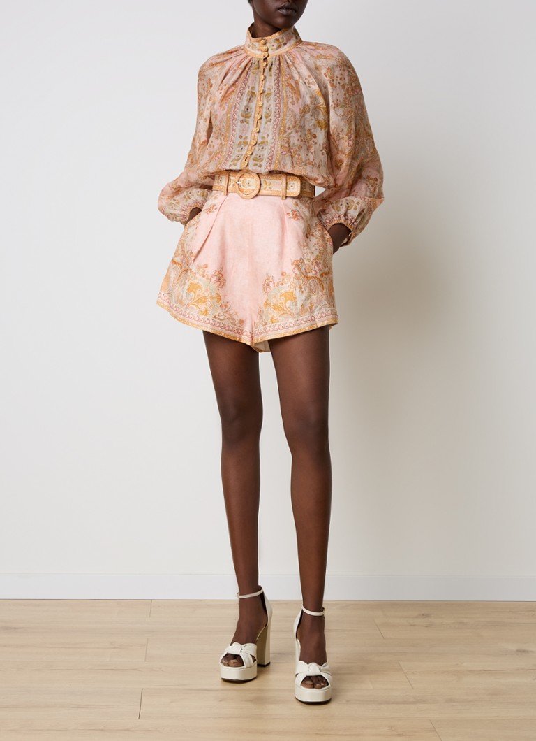 Fustă scurtă din in Acacia Zimmermann cu imprimeu floral și curea.
