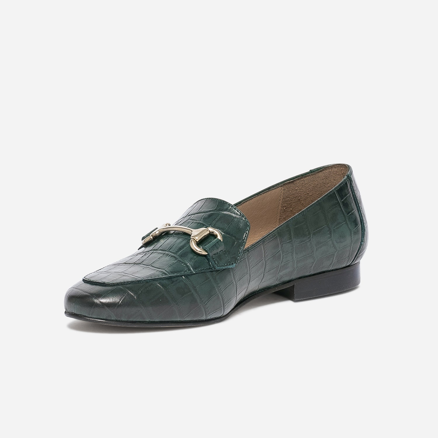 Mocassin vert en cuir effet croco à mors