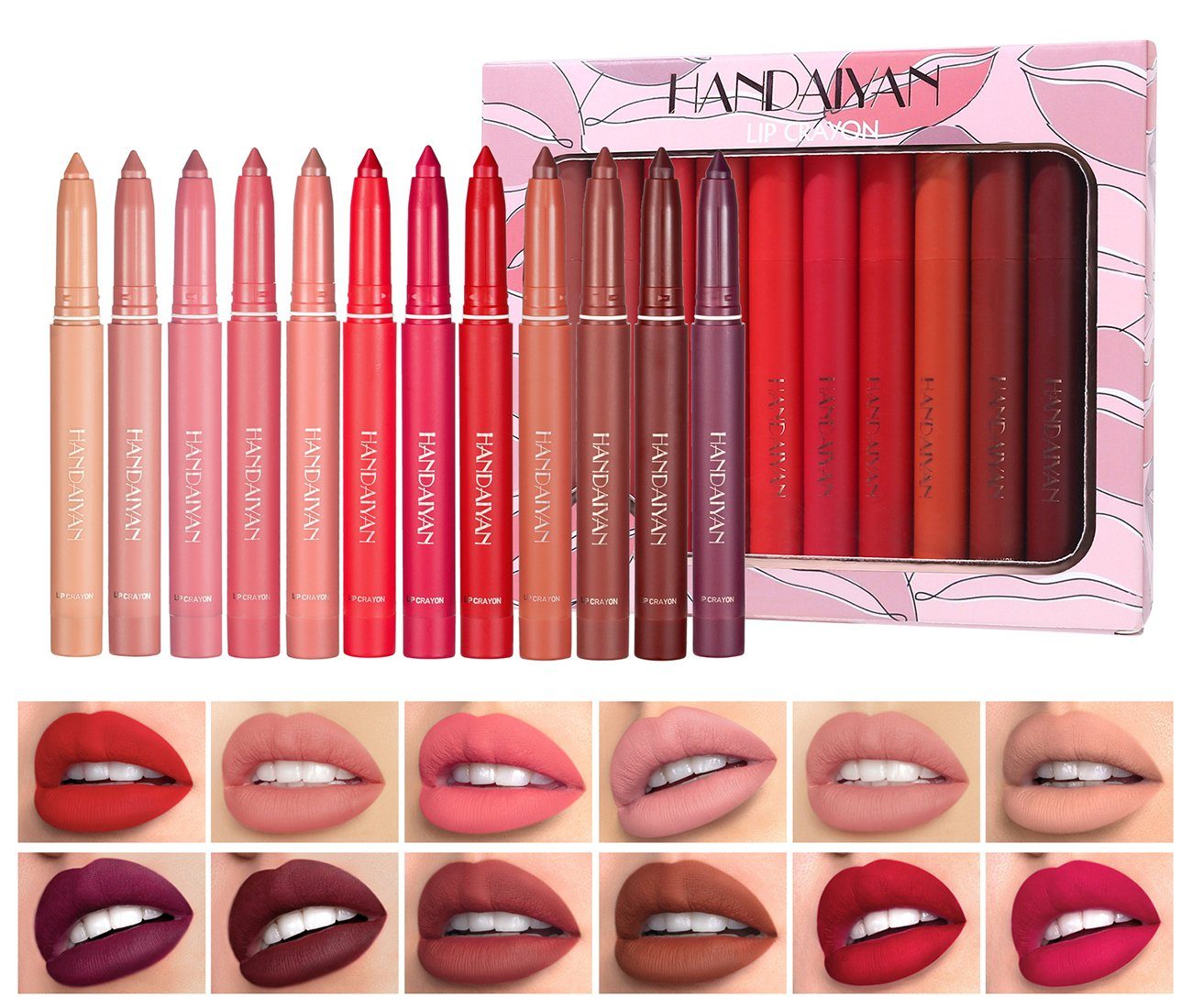 Haiaveng Lippenstift-Set 12 Farben Wachsmalstift Lippenstift Set, Non-Fading Matte Crayon Lippenstift mit integriertem Anspitzer