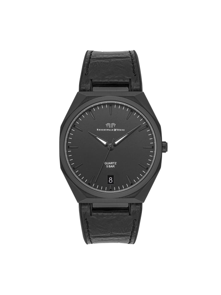 Rhodenwald & Söhne Herren Quarzuhr schwarz Echtleder/Silikon schwarz in schwarz günstig kaufen 21,5 cm