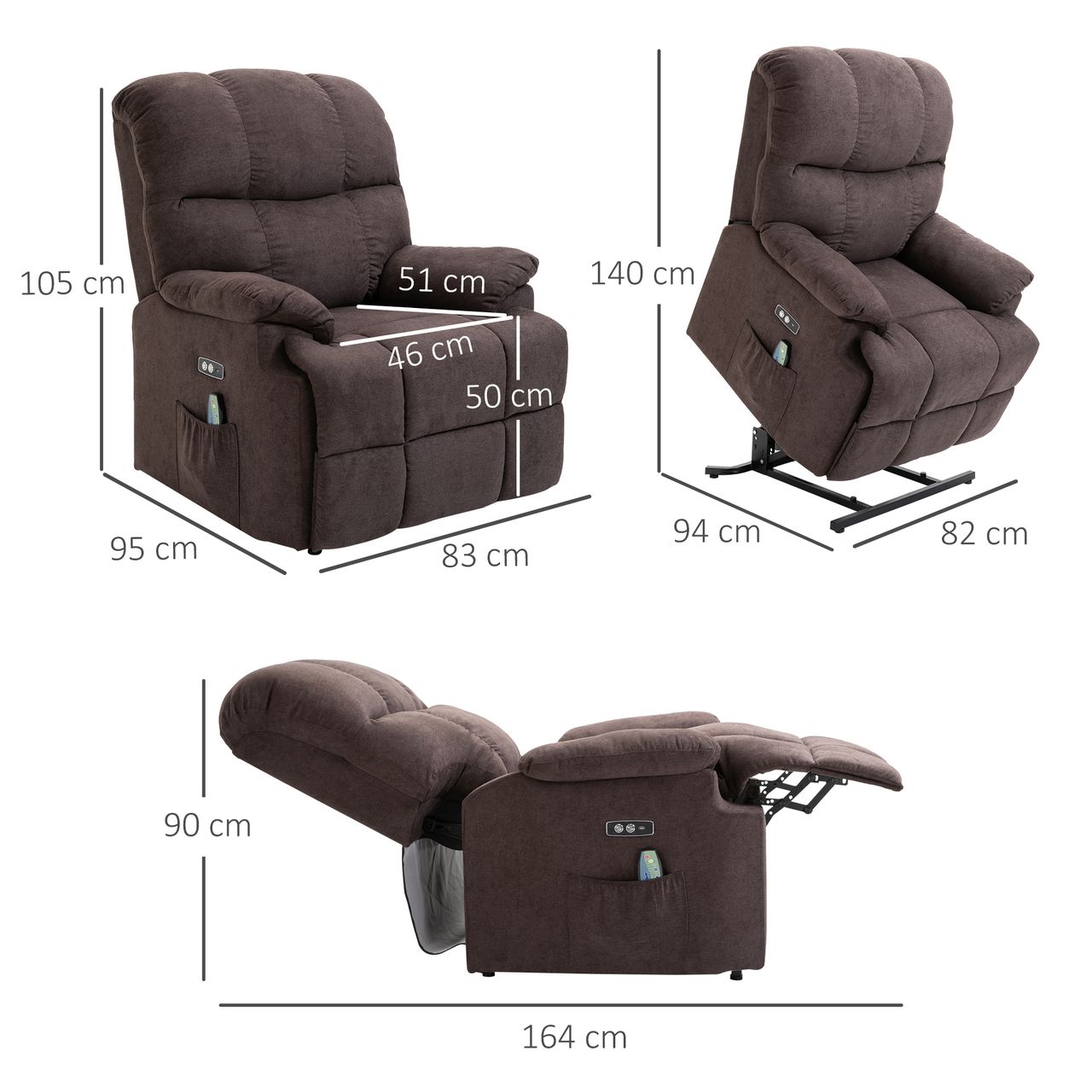 HOMCOM Sessel mit Aufstehhilfe Massagesessel Relaxsessel mit USB-Anschluss, Samt