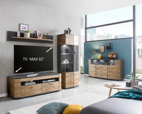 58 aufm Kessel Wohnwand Wohnkombination Jacinthe 235x171x46 Eiche/Anthrazit/Anthrazit HG 10181, (Komplettset, 3-St), Türen mit Selbsteinzug und Dämpfung
