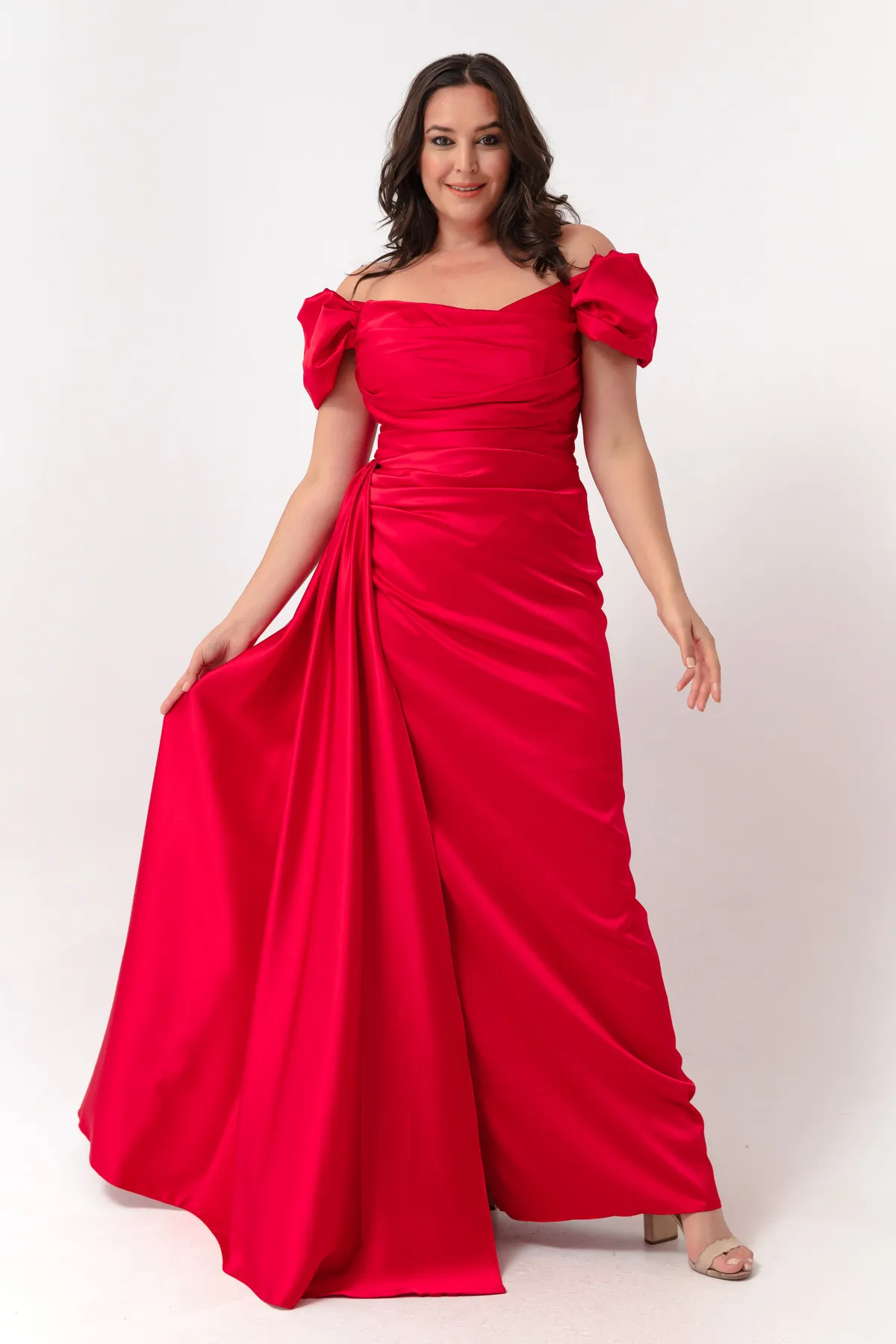 Lafaba  Rotes Abendkleid und Abschlusskleid aus Satin mit U-Boot-Ausschnitt für Damen