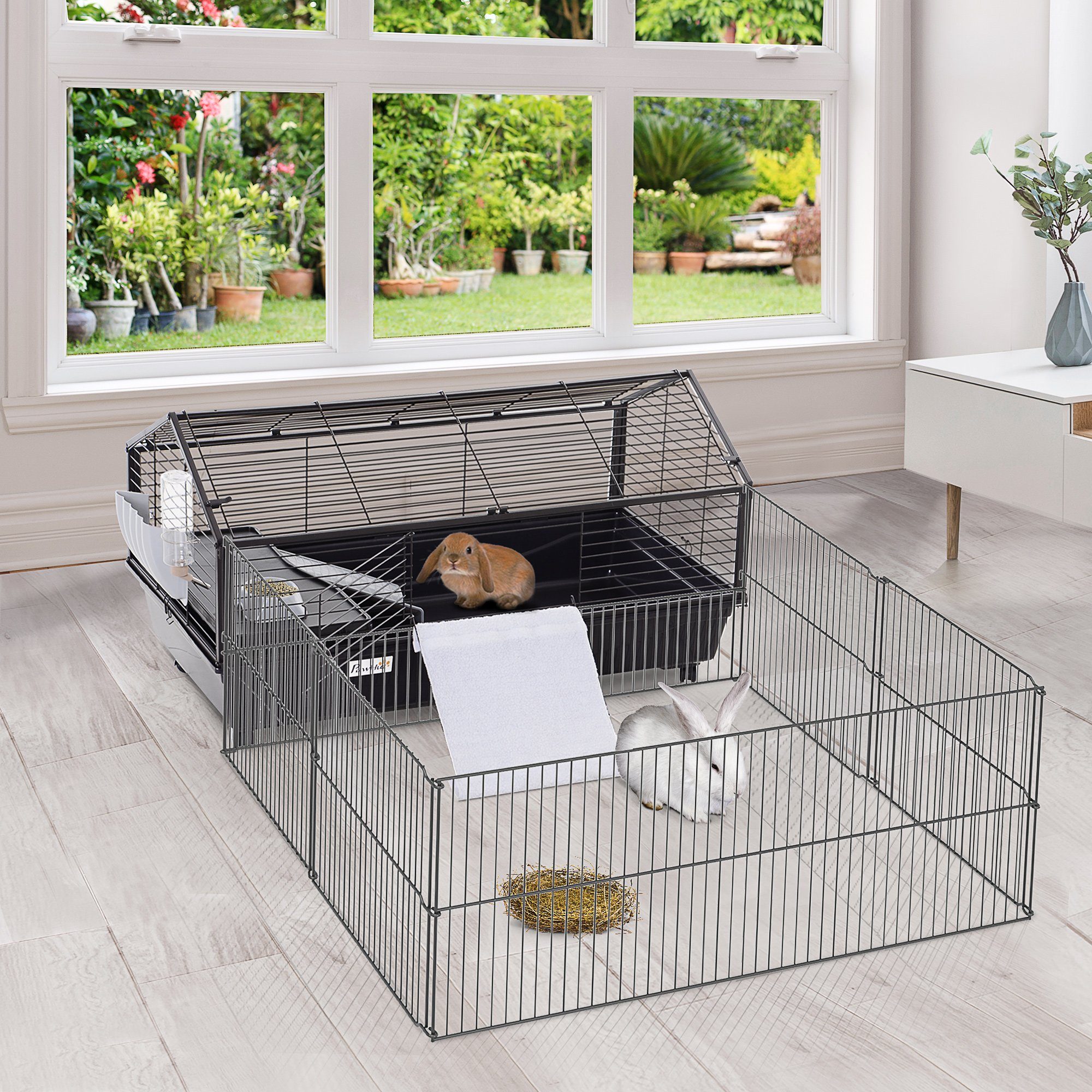 PawHut Kleintierkäfig mit Freigehege inkl. Zubehör 4 Rollen Kleintier mit Garten Metall, 88L x 128.5B x 56H cm