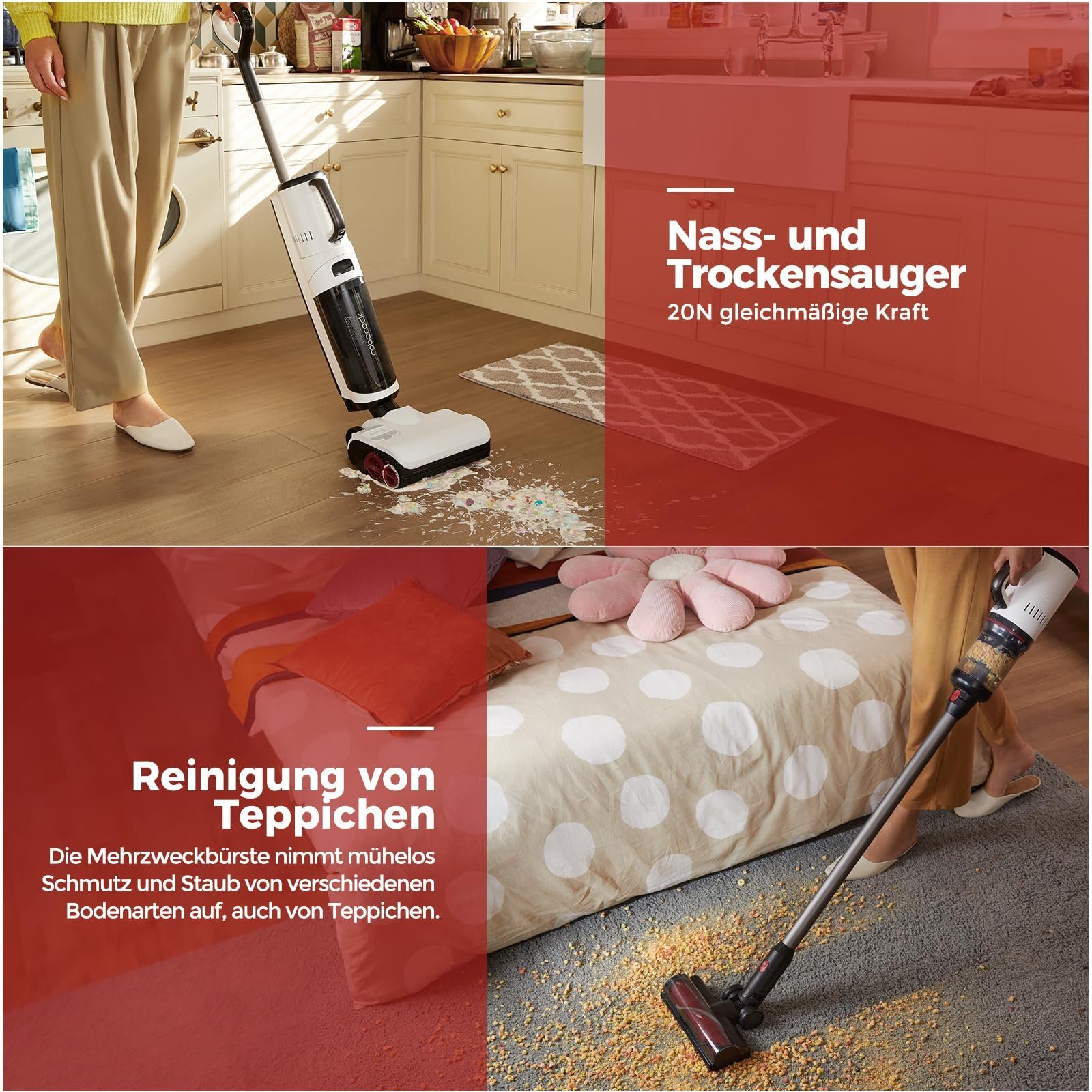 Roborock Nass-Trocken-Sauger Dyad Pro Combo, 260,00 W, 5-in-1 Nass Trockensauger Kabelloser 17000Pa Wischsauger kabellos mit Akku Staubsauger für Teppichreinigung, elektrische Minibürste und 2 Reinigungsköpfe, APP, Sprachsteuerung