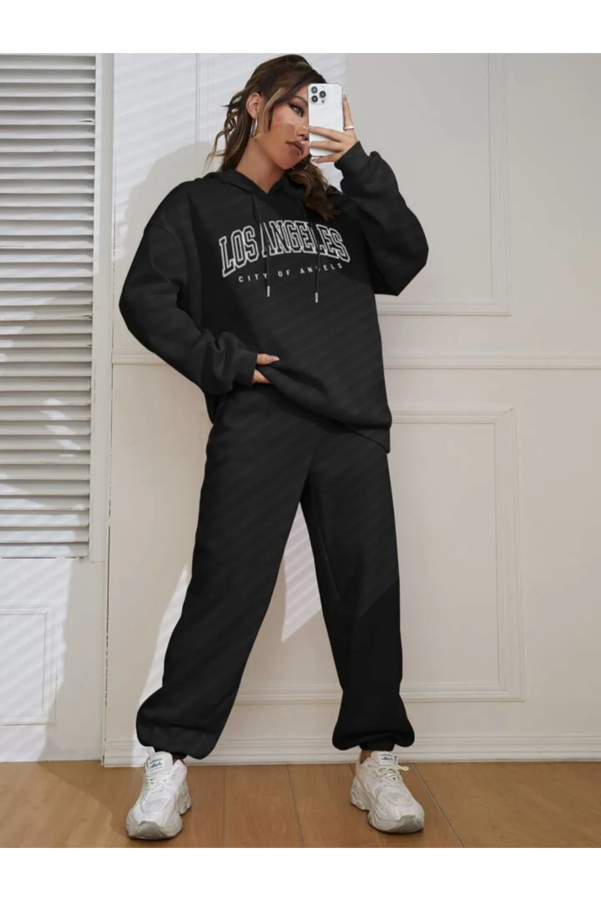 My Blog  Schwarzes Los Angeles-Trainingsanzugset mit Kapuze für Damen