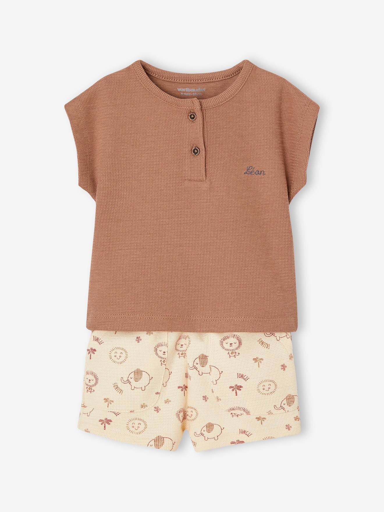 Vertbaudet Baby-Set: Henley-Shirt & Shorts, personalisierbar Oeko-Tex - mokka