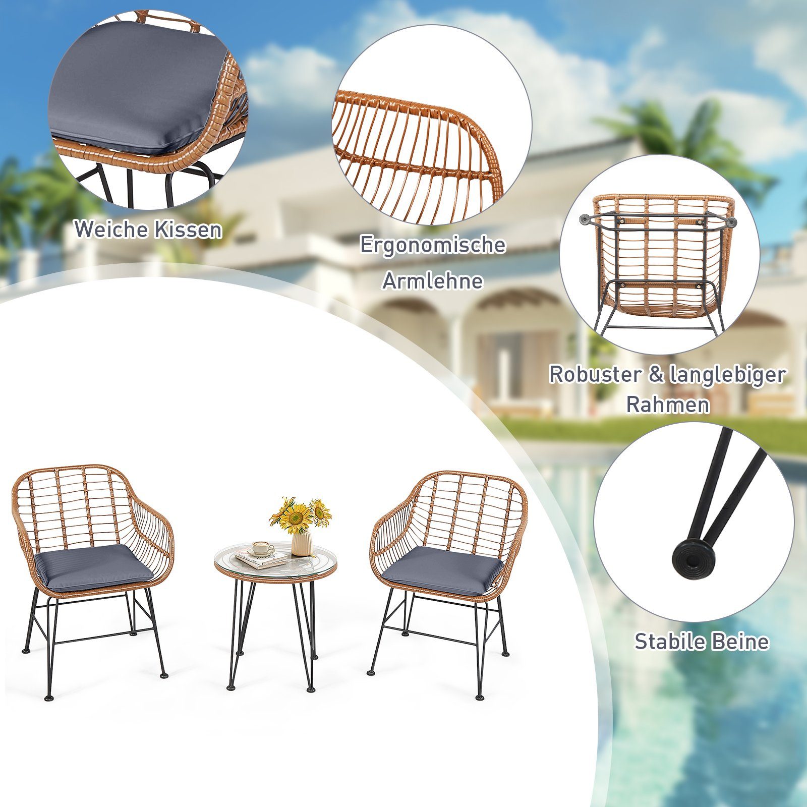 COSTWAY Balkonset, 3-tlg, Rattan, 2 personen, mit Sitzkissen, 180kg