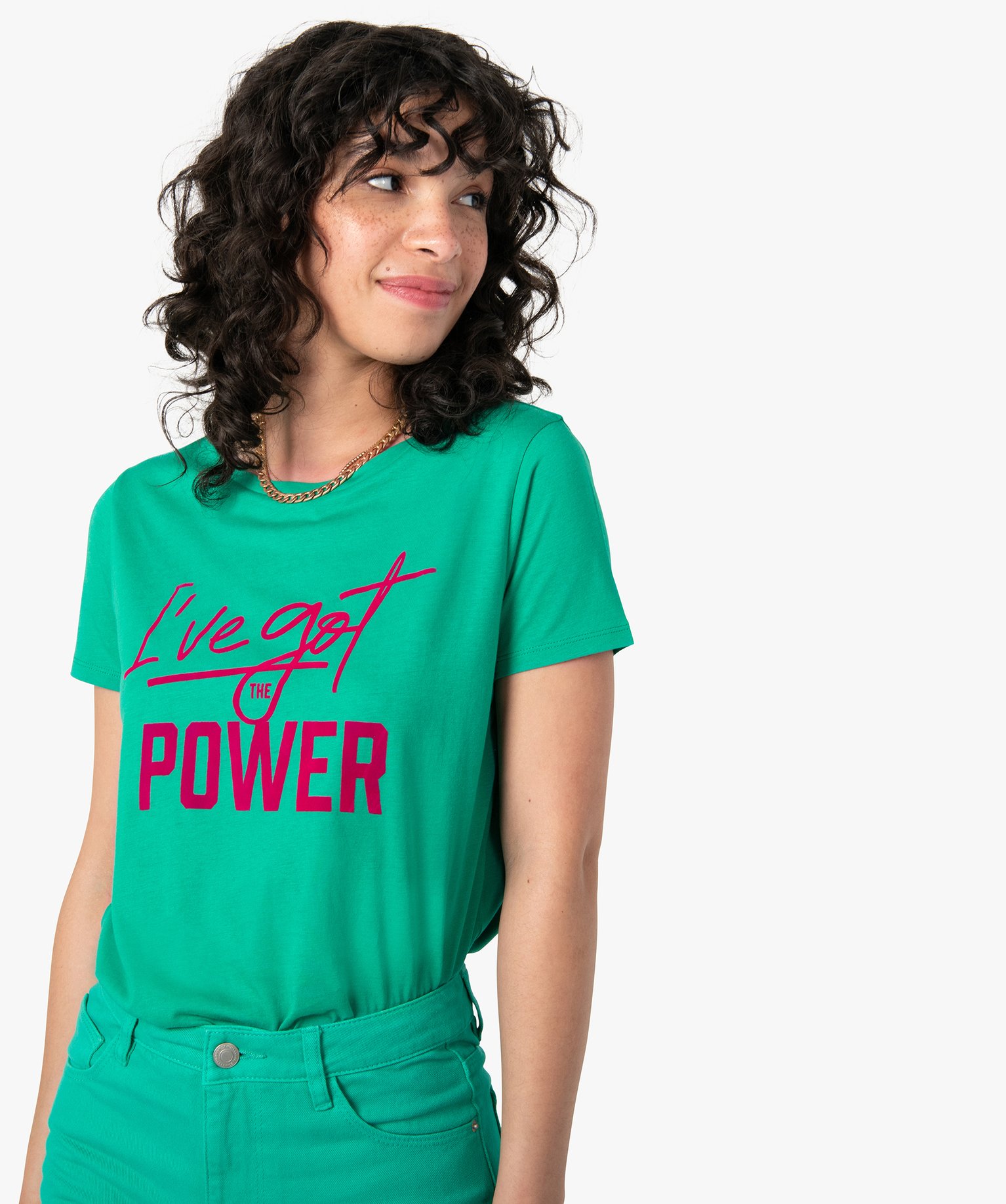 Tee-shirt femme à manches courtes avec inscription vert | GEMO