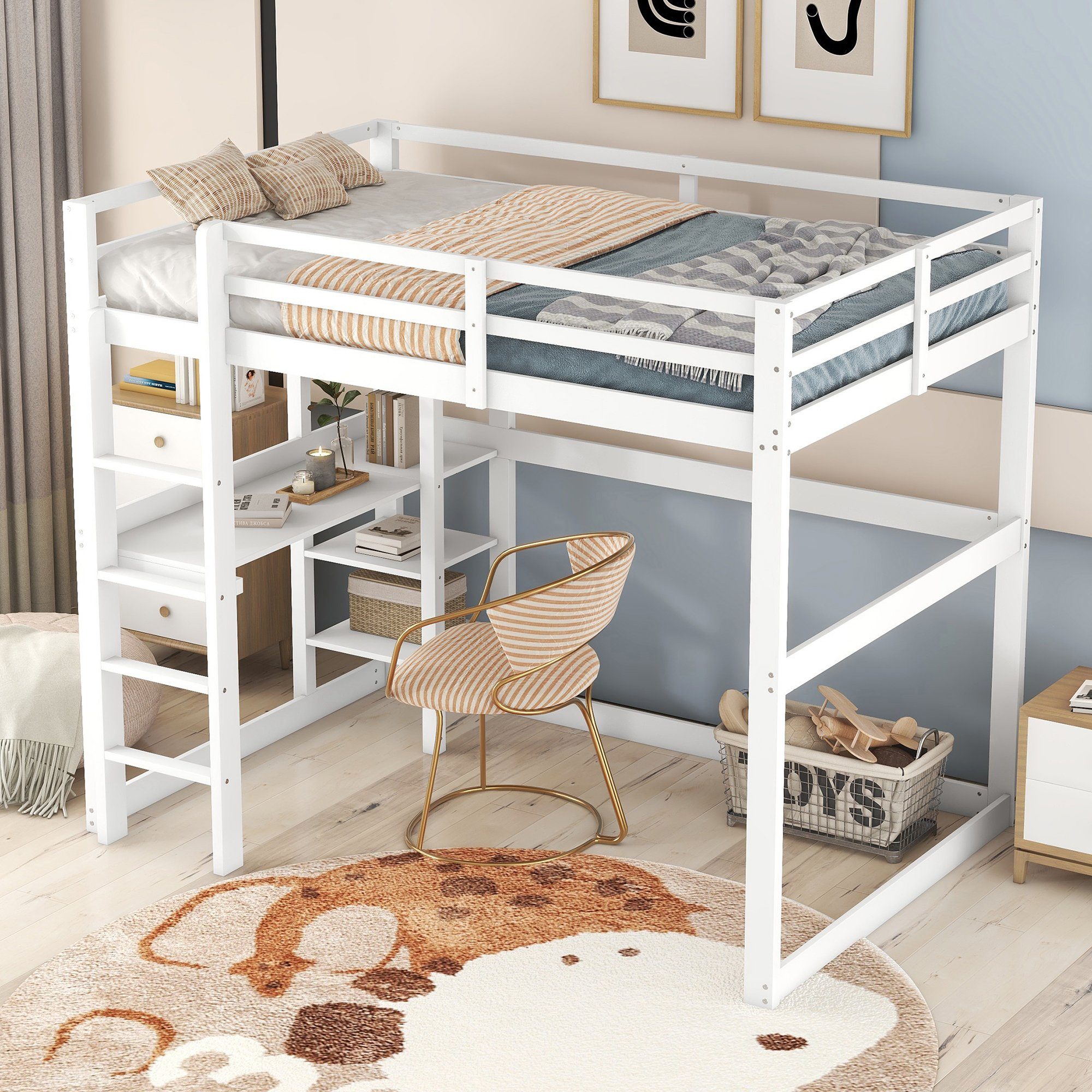 DEEP POWER Kinderbett Kinderbett Hochbett Kiefer Mit Schreibtisch+ Stauraum 140X200cm bett
