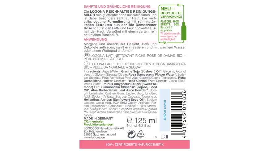 LOGONA MOISTURE Reichhaltige Reinigungsmilch Bio-Damaszener Rose 125 ml