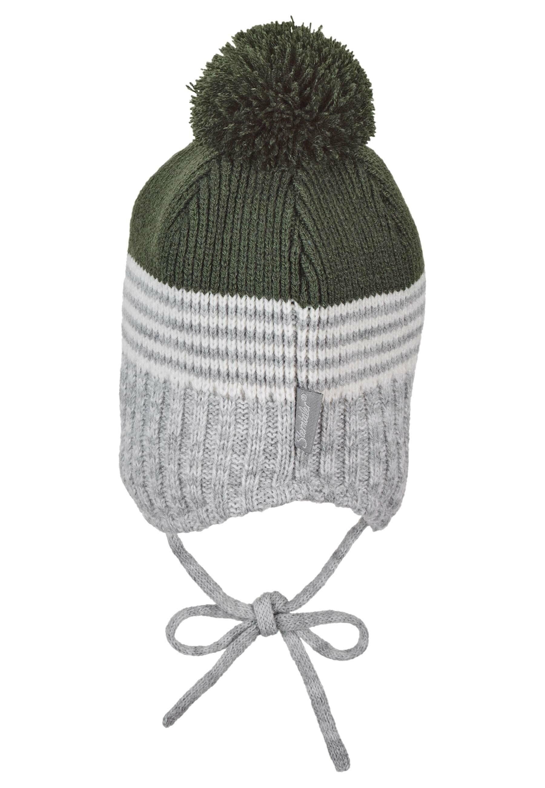 Strickmütze im Mustermix mit Bommel und Bindeband