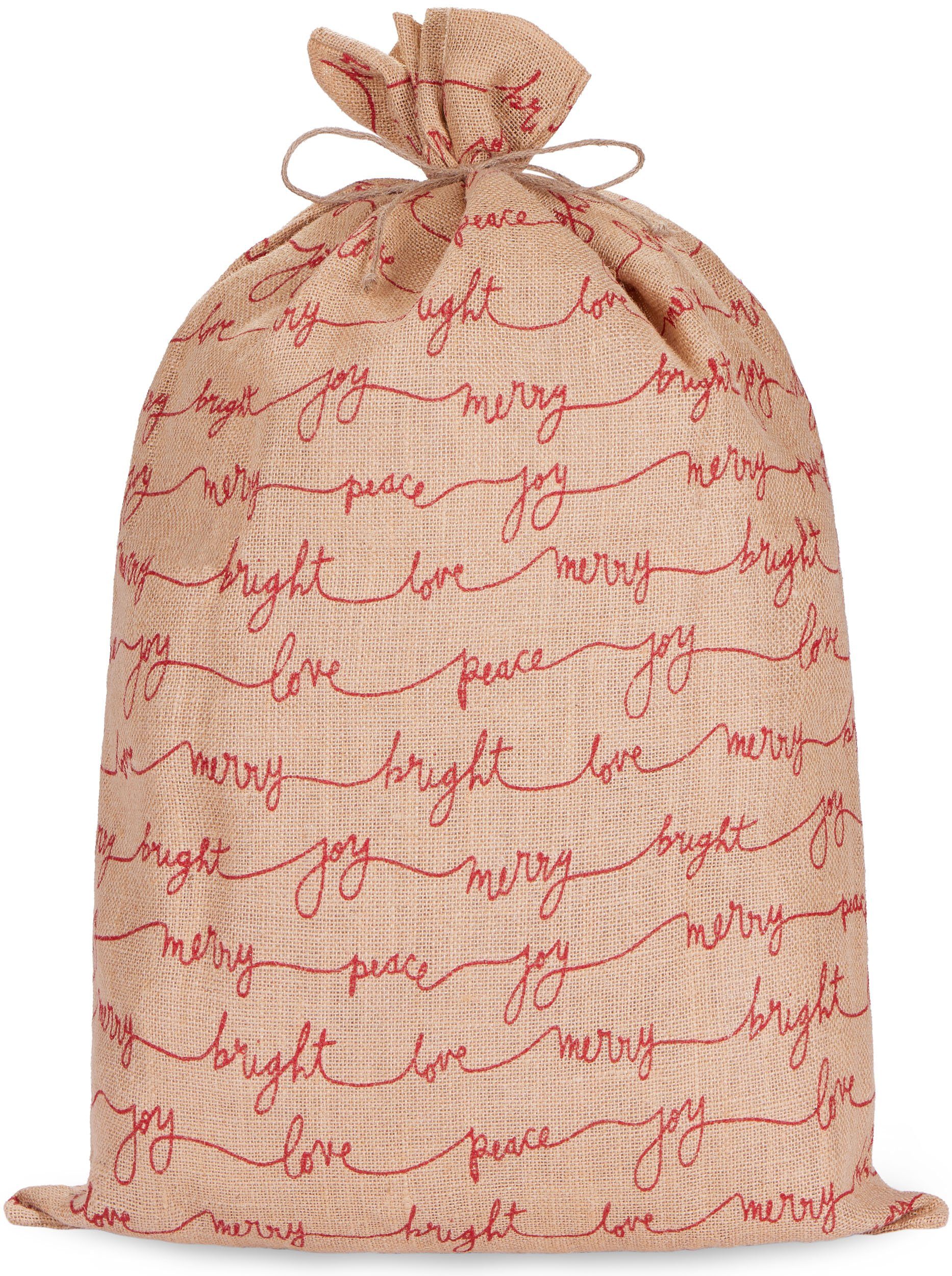 BRUBAKER Aufbewahrungstasche Weihnachtssack Love Peace Joy - 80 cm Geschenksack Weihnachten (1-tlg., Jutesack - Braun Rot), Nikolaussack Jutebeutel Sack mit Kordel zum Verpacken von Geschenken