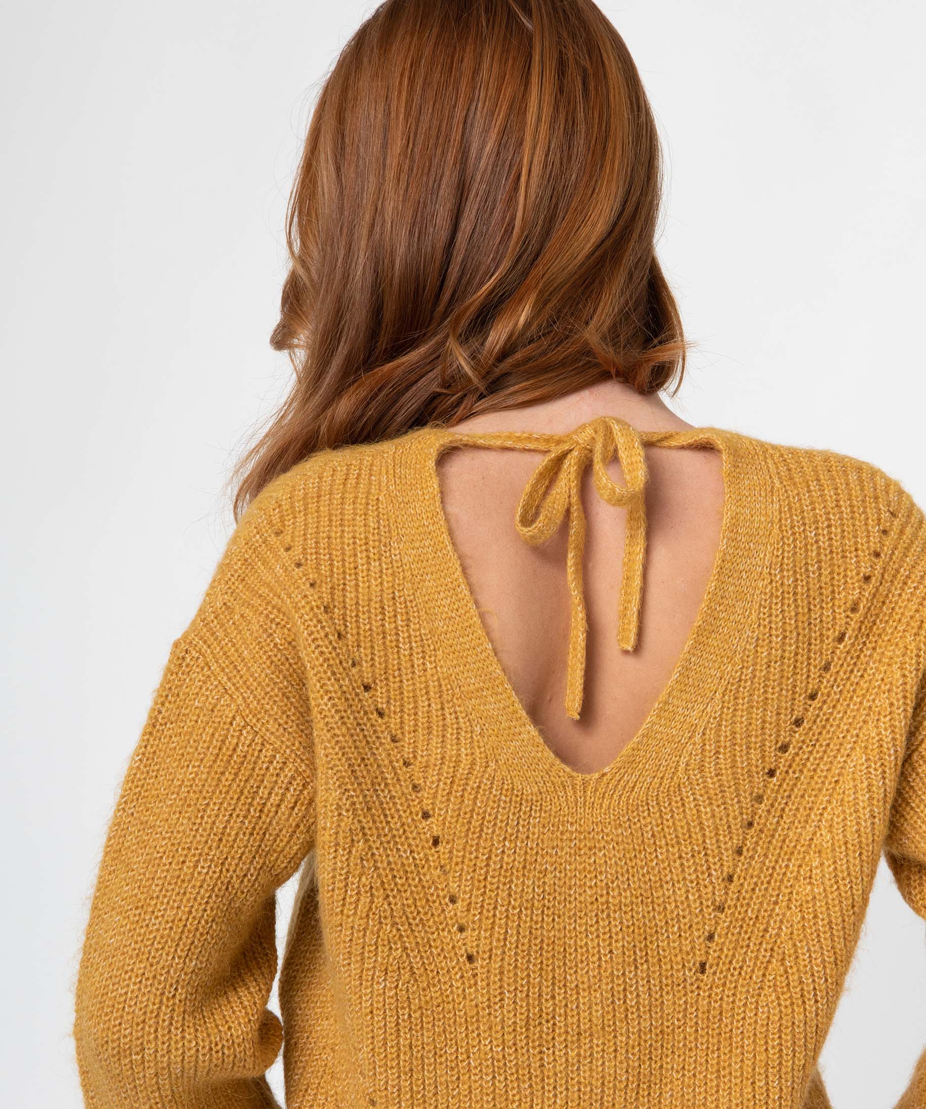 Pull femme en grosse maille à double col V jaune | GEMO