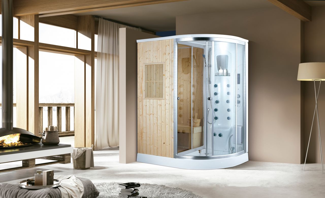 PureHaven Luxus Dampfdusche mit Saunafunktion 170x100 cm Massagedüsen LED-Lichtern Tropenbrause Sitzfläche Radio LCD-Bildschirm Rücken und Fußmassage